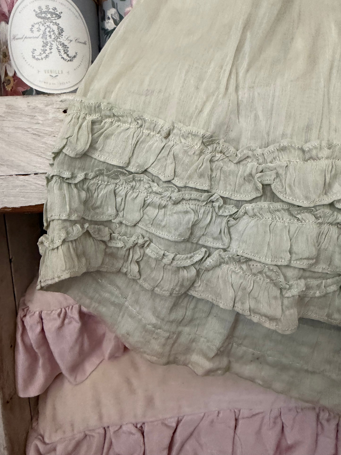 Antique Pale Blue Gauze Cotton Ruffled Hem Skirt