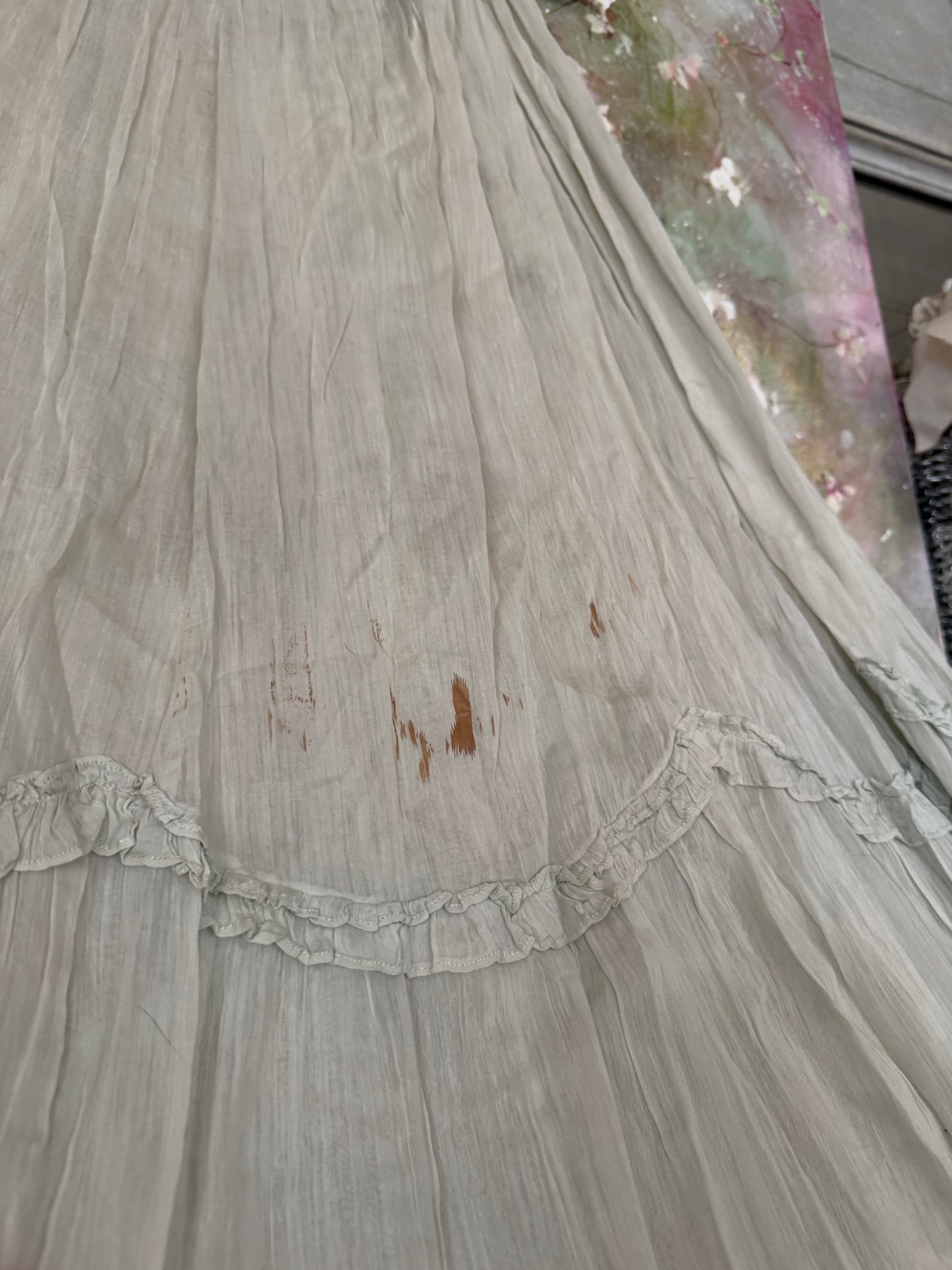 Antique Pale Blue Gauze Cotton Ruffled Hem Skirt