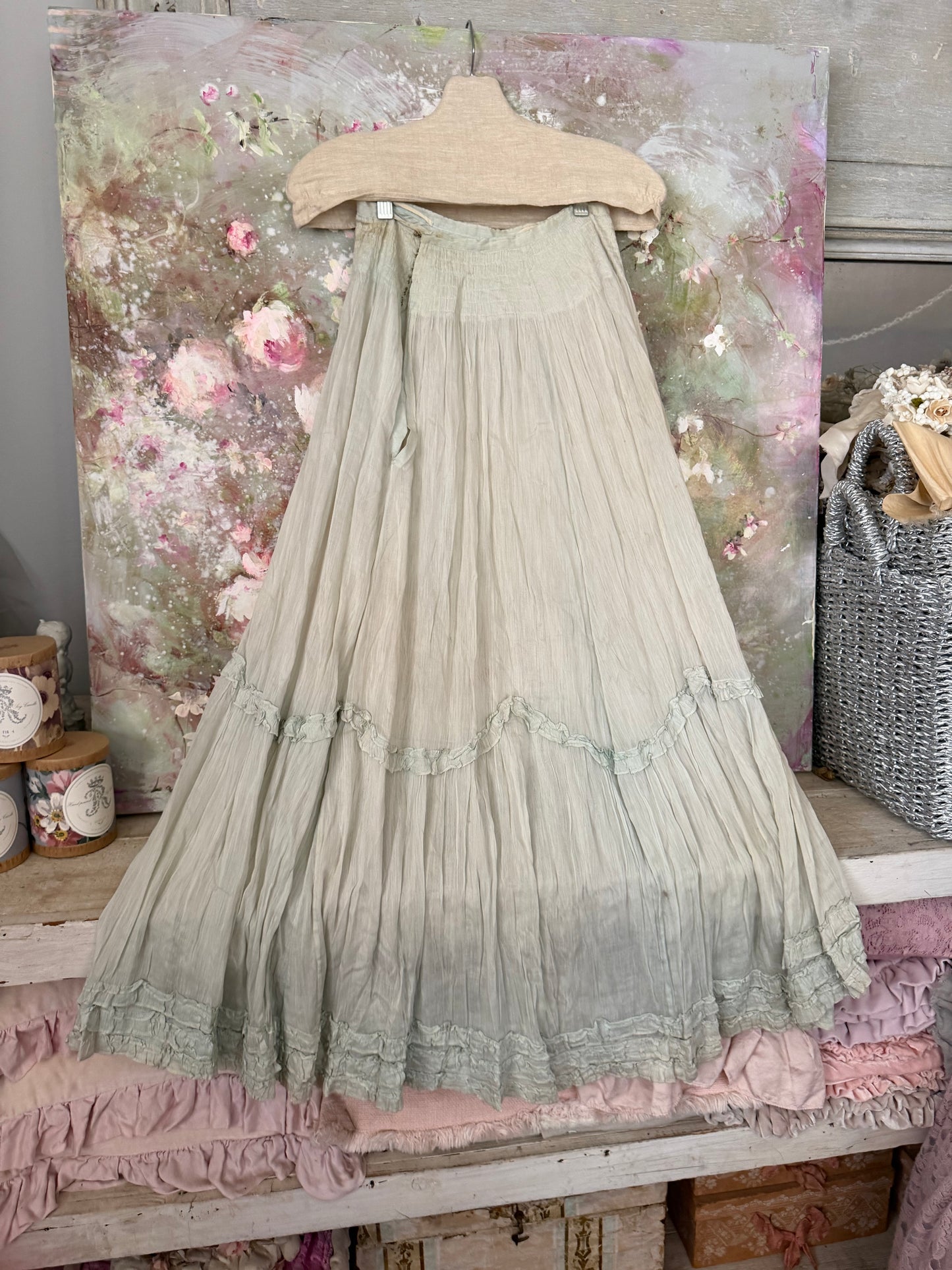 Antique Pale Blue Gauze Cotton Ruffled Hem Skirt