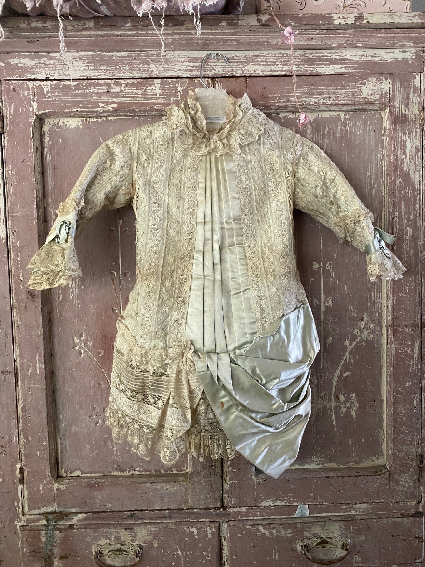 Antique Victorian Girls Gown Dress Blue Silk Lace