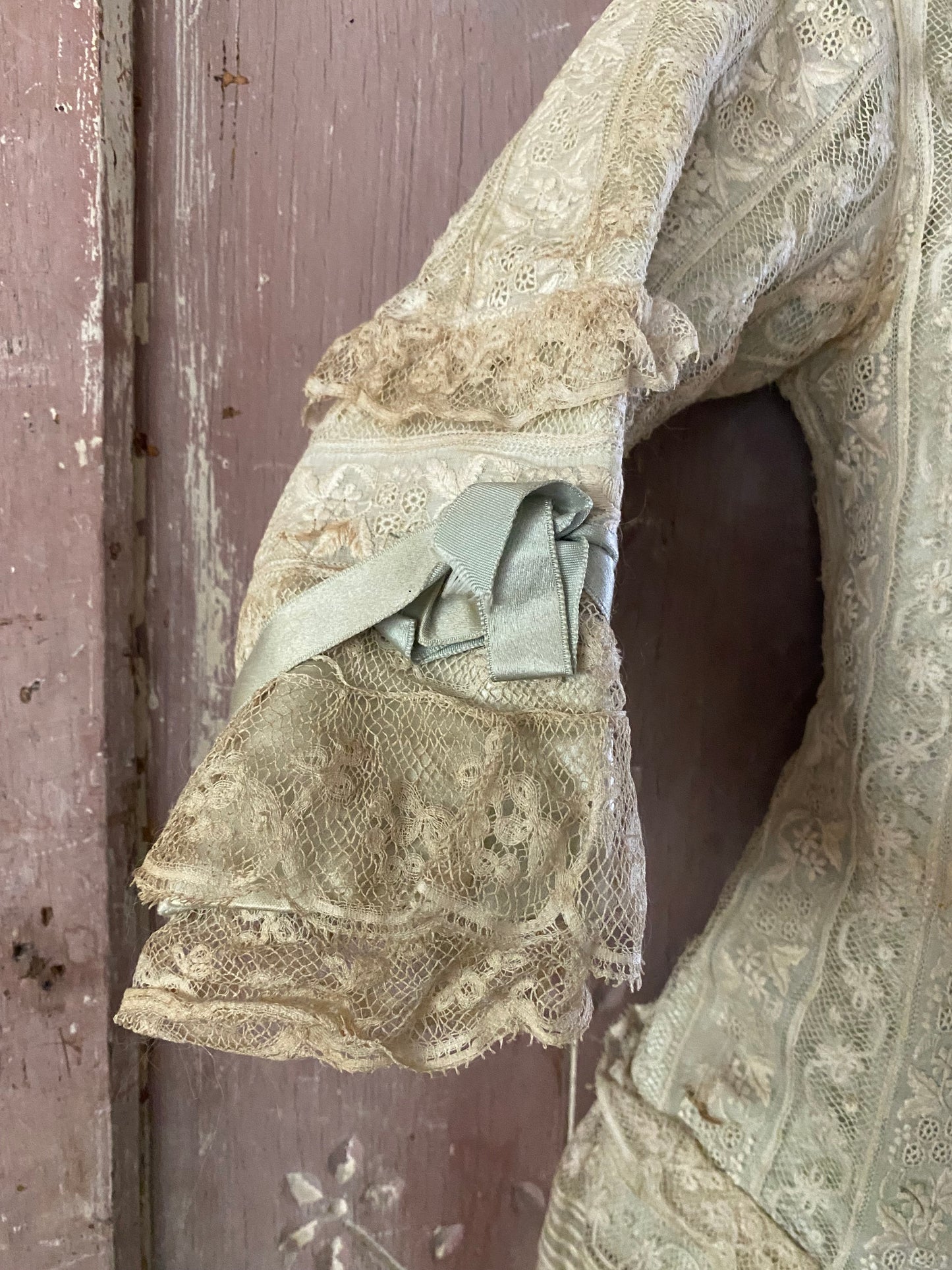 Antique Victorian Girls Gown Dress Blue Silk Lace