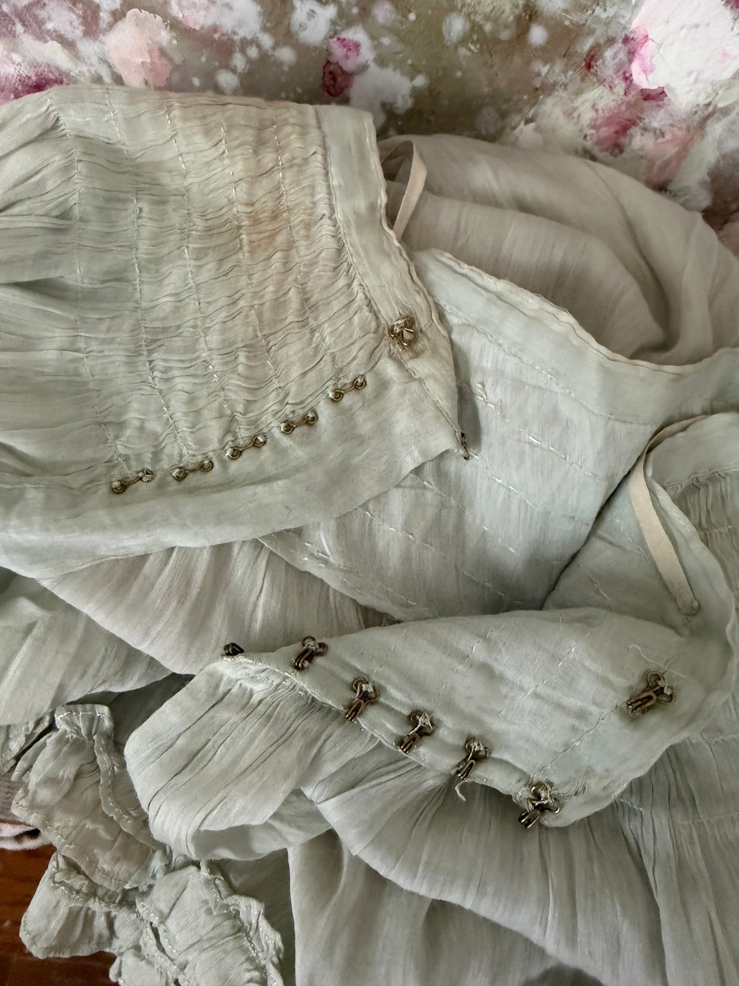 Antique Pale Blue Gauze Cotton Ruffled Hem Skirt