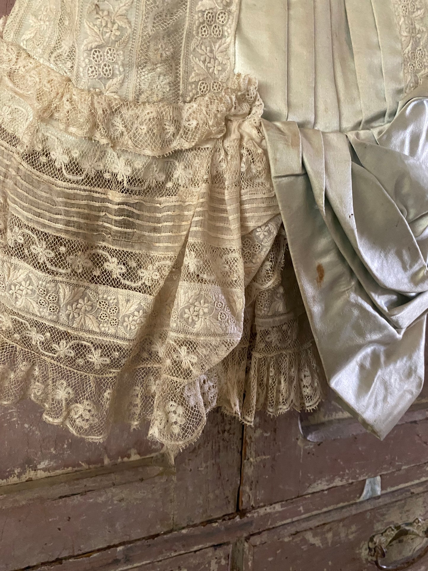 Antique Victorian Girls Gown Dress Blue Silk Lace