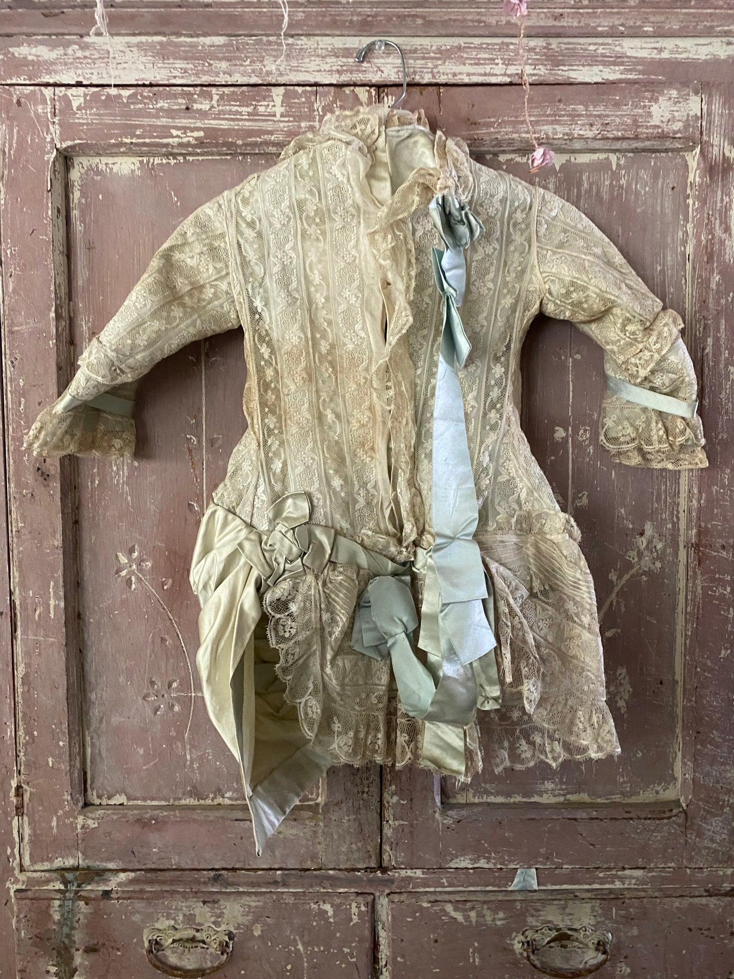 Antique Victorian Girls Gown Dress Blue Silk Lace