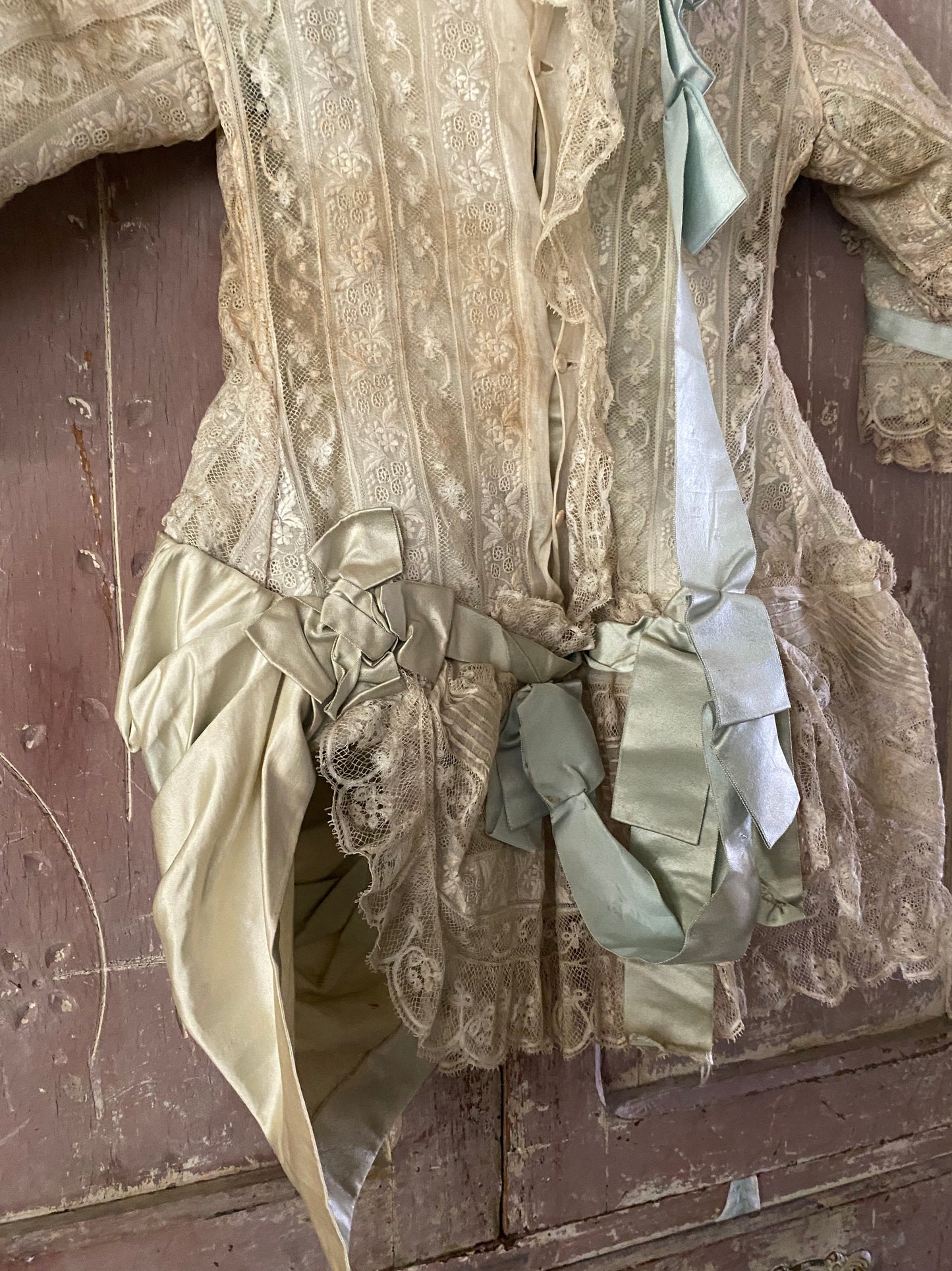 Antique Victorian Girls Gown Dress Blue Silk Lace