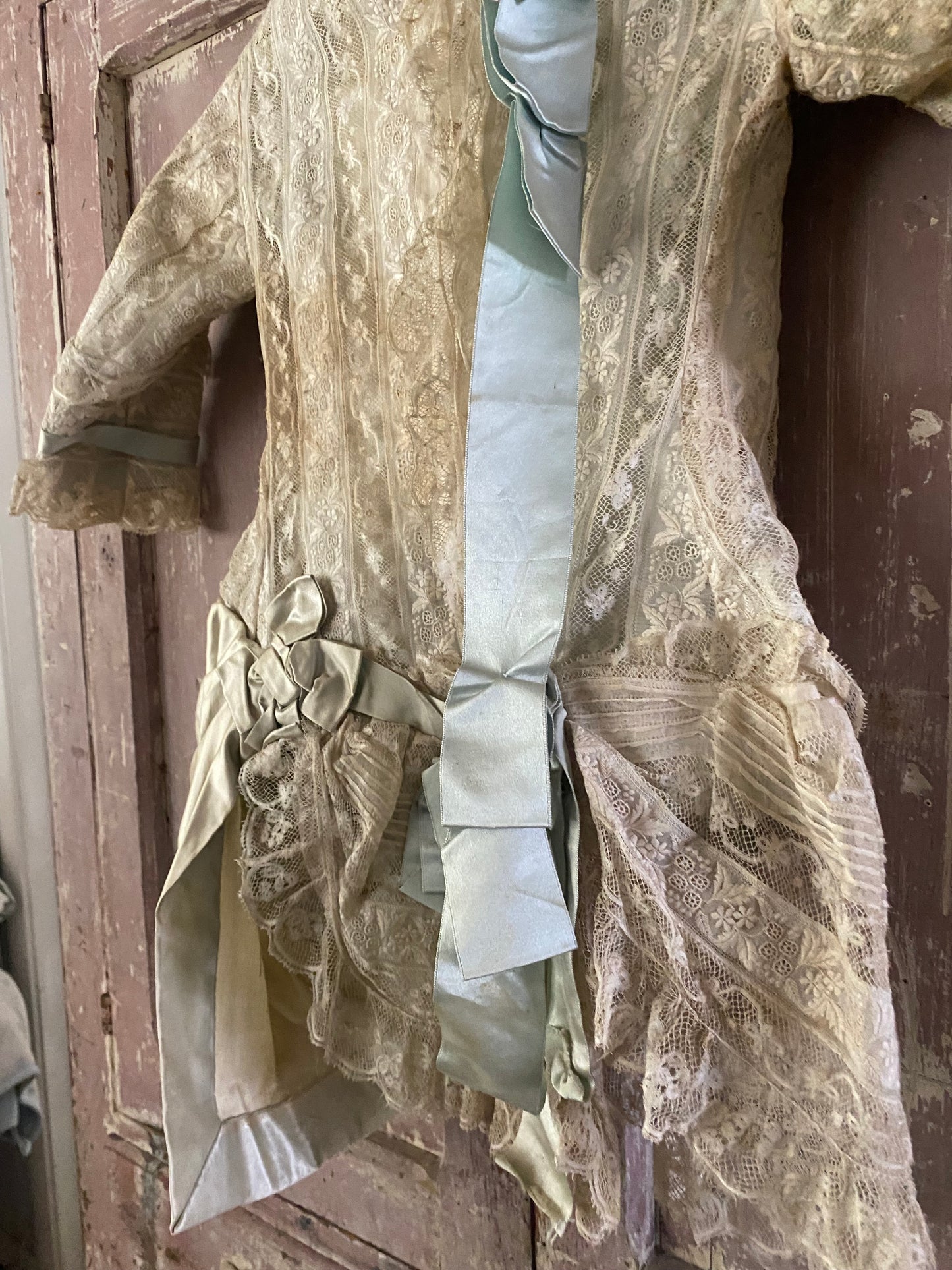 Antique Victorian Girls Gown Dress Blue Silk Lace