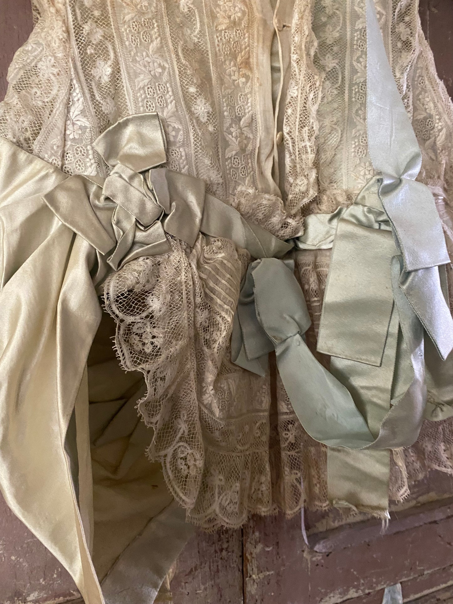 Antique Victorian Girls Gown Dress Blue Silk Lace