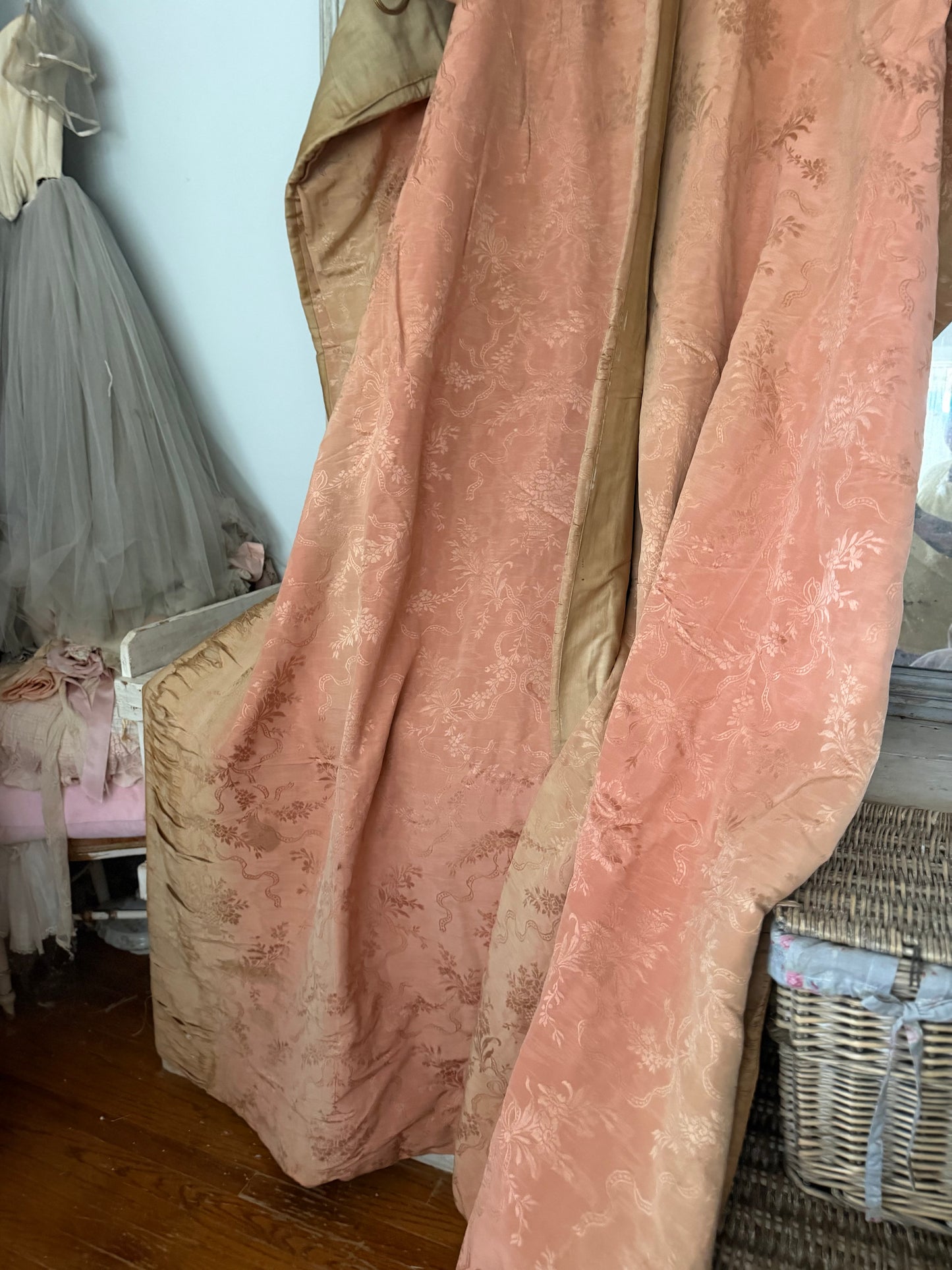 Pair Antique Timeworn Pink Silk Chateau Curtain Panels