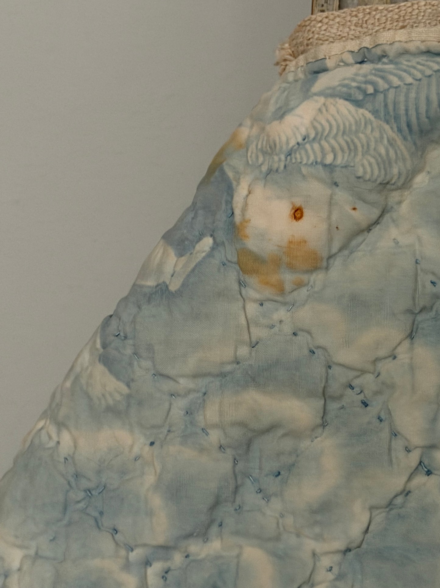 Antique 19th C. French Quilted Blue Cherub Bobble Bed Pelmet Panel