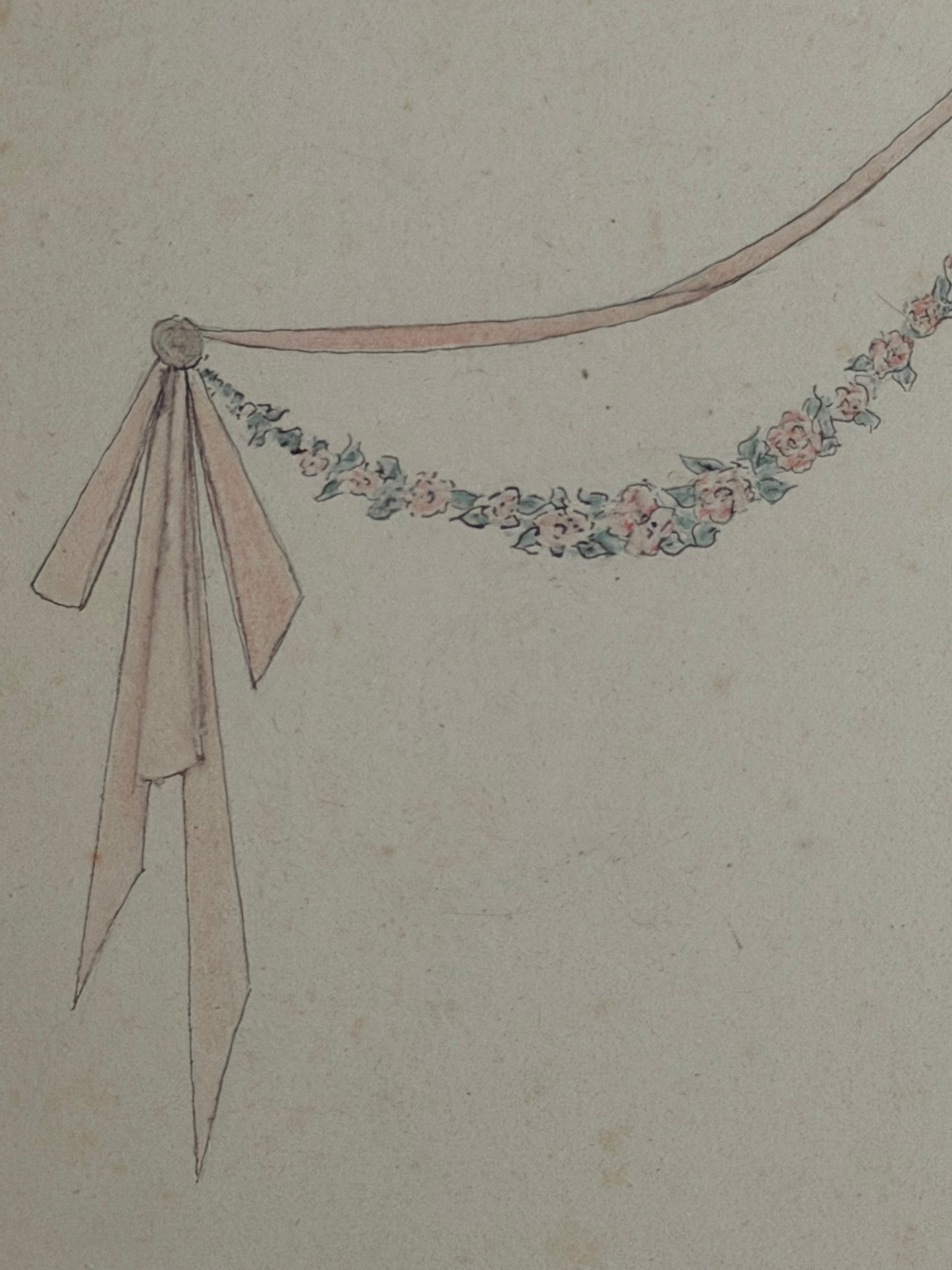 Antique French Fashion Costume Sketch Pink Lace Dress