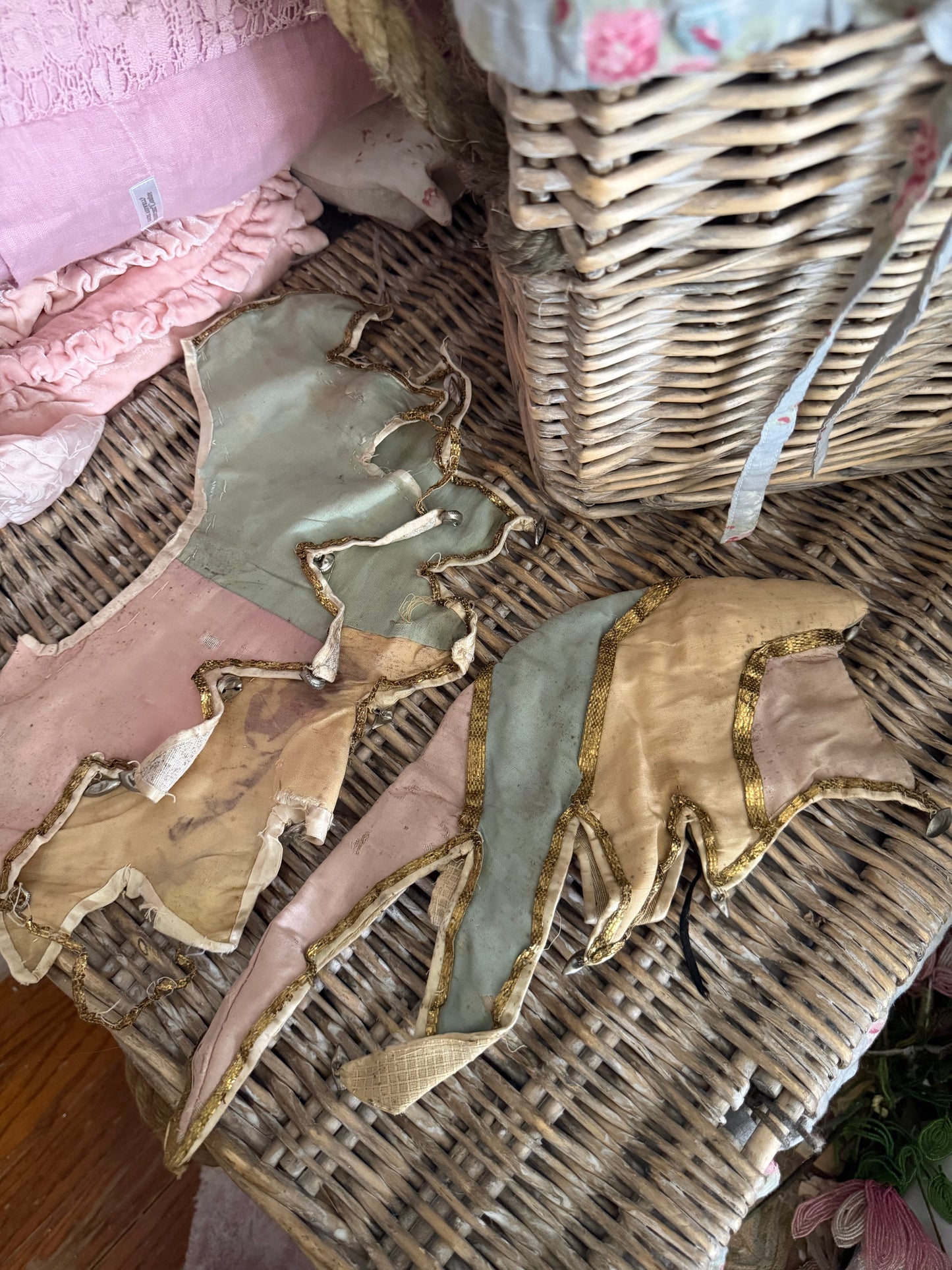 Antique Pink Blue Jester Bell Costume Hat & Cuffs