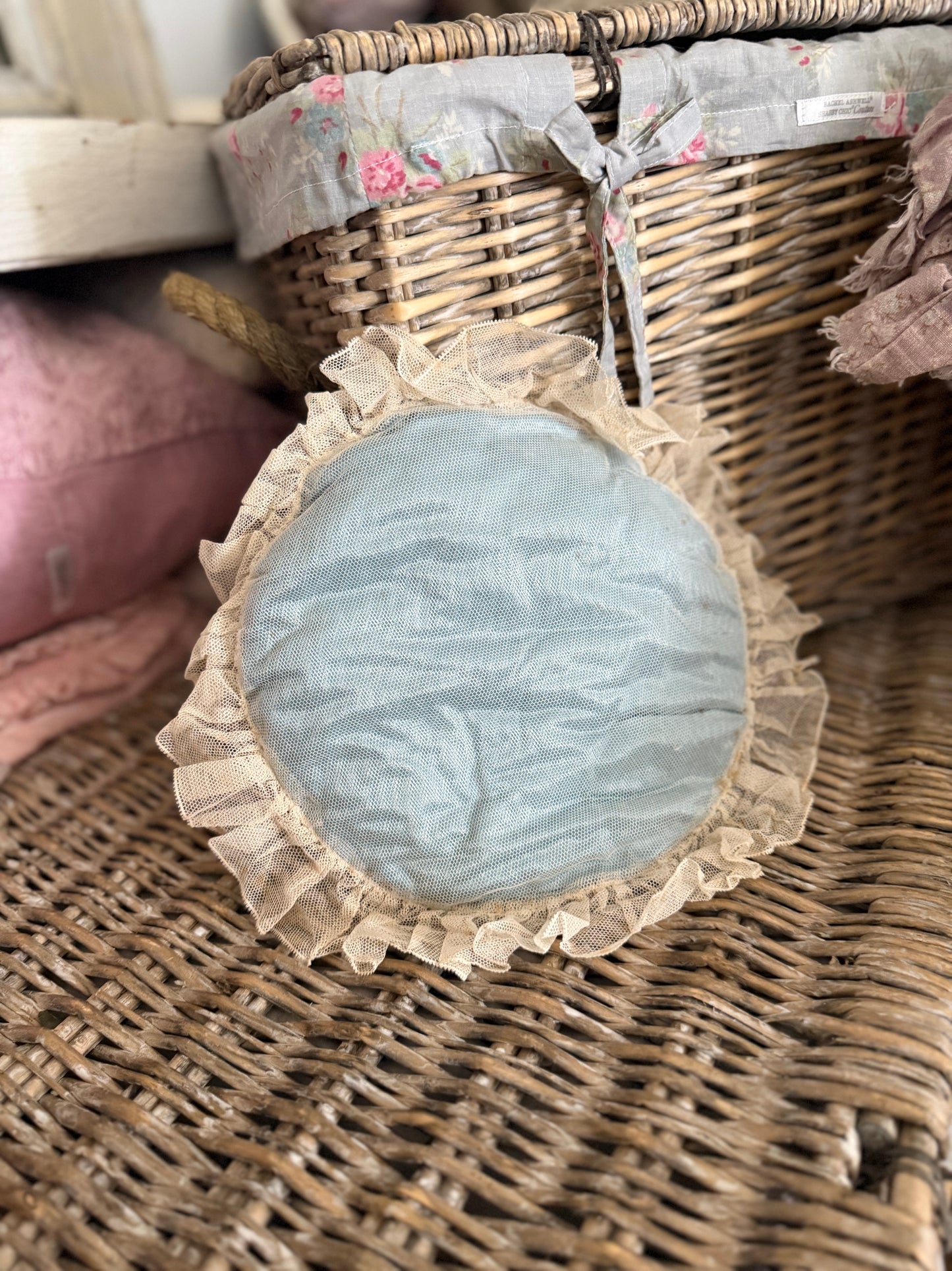 Antique French Blue Lace Boudoir Cushion Pillow
