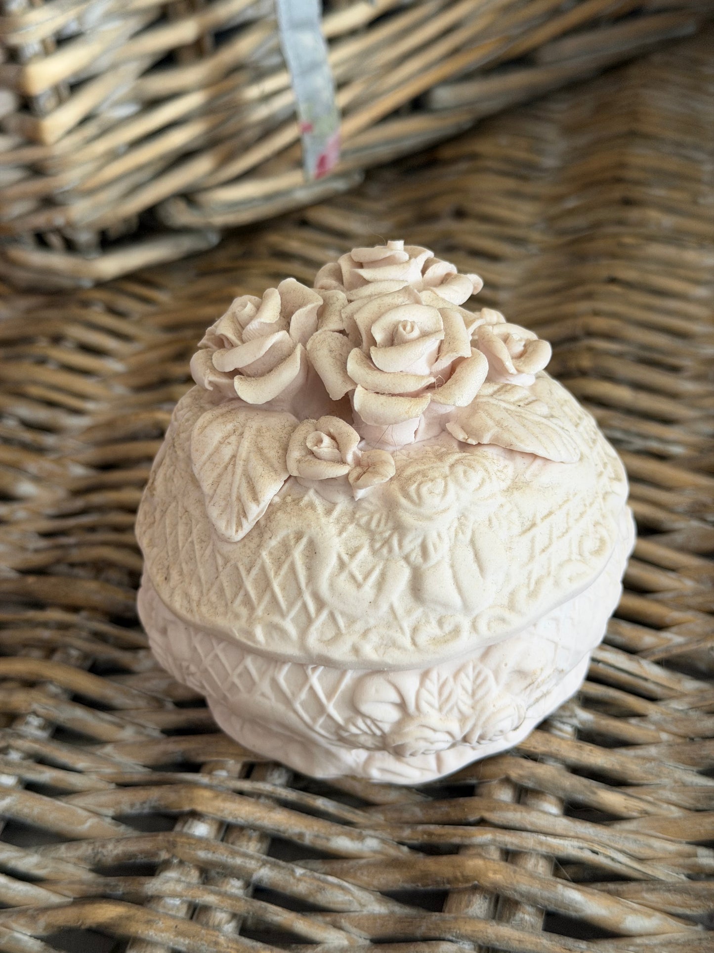 Large Collection Antique Silk Ribbonwork in Bisque Rose Trinket Box