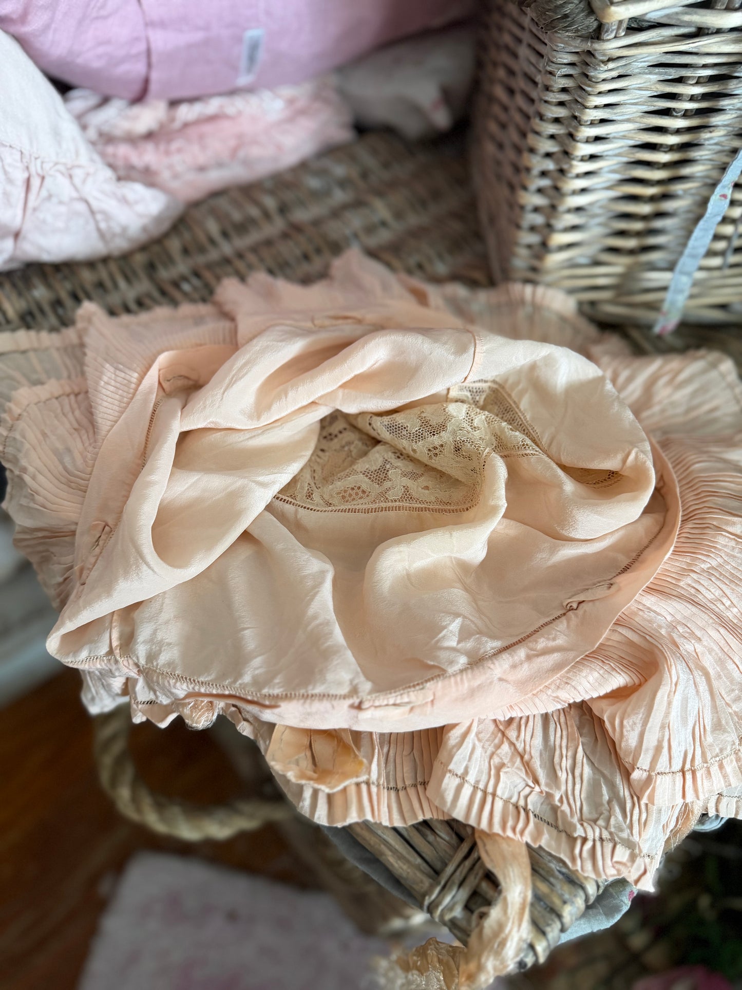Antique Pink Silk Lace Monogram Ruffled Pillow Sham