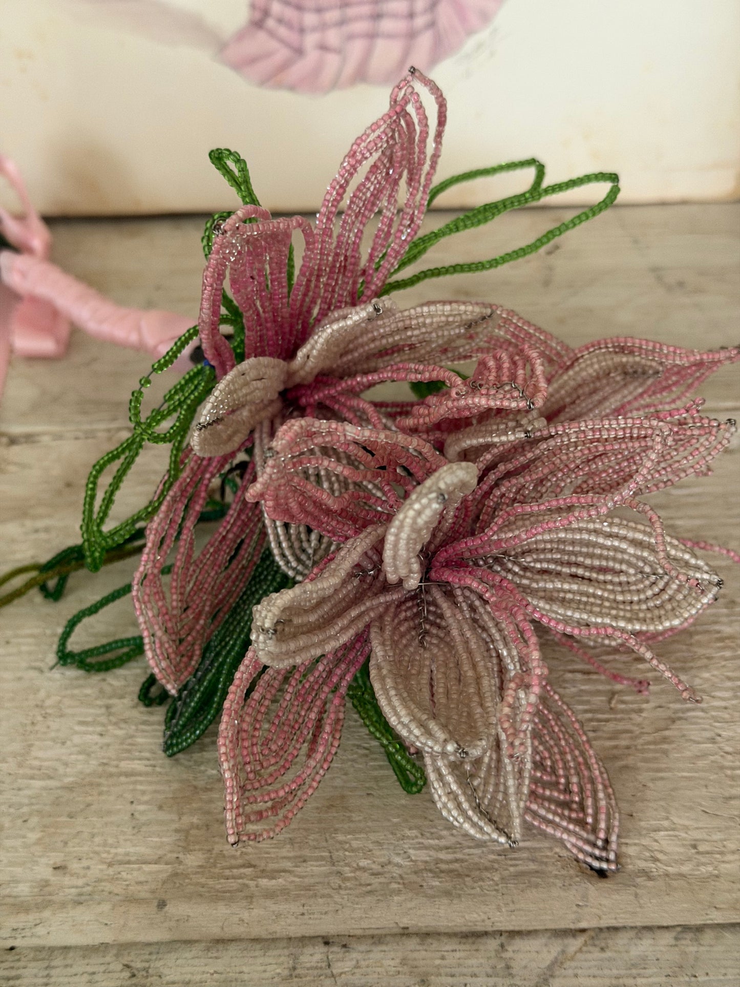 Antique French Beaded Pink Lavender Flower Bouquet