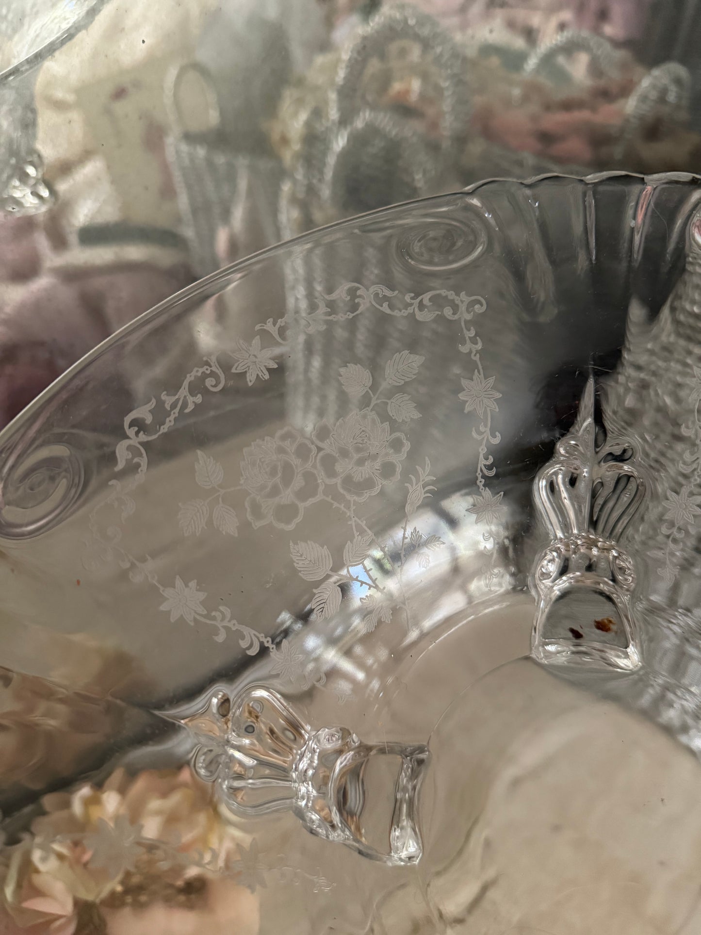 Antique Etched Rose Glass Footed Bowl
