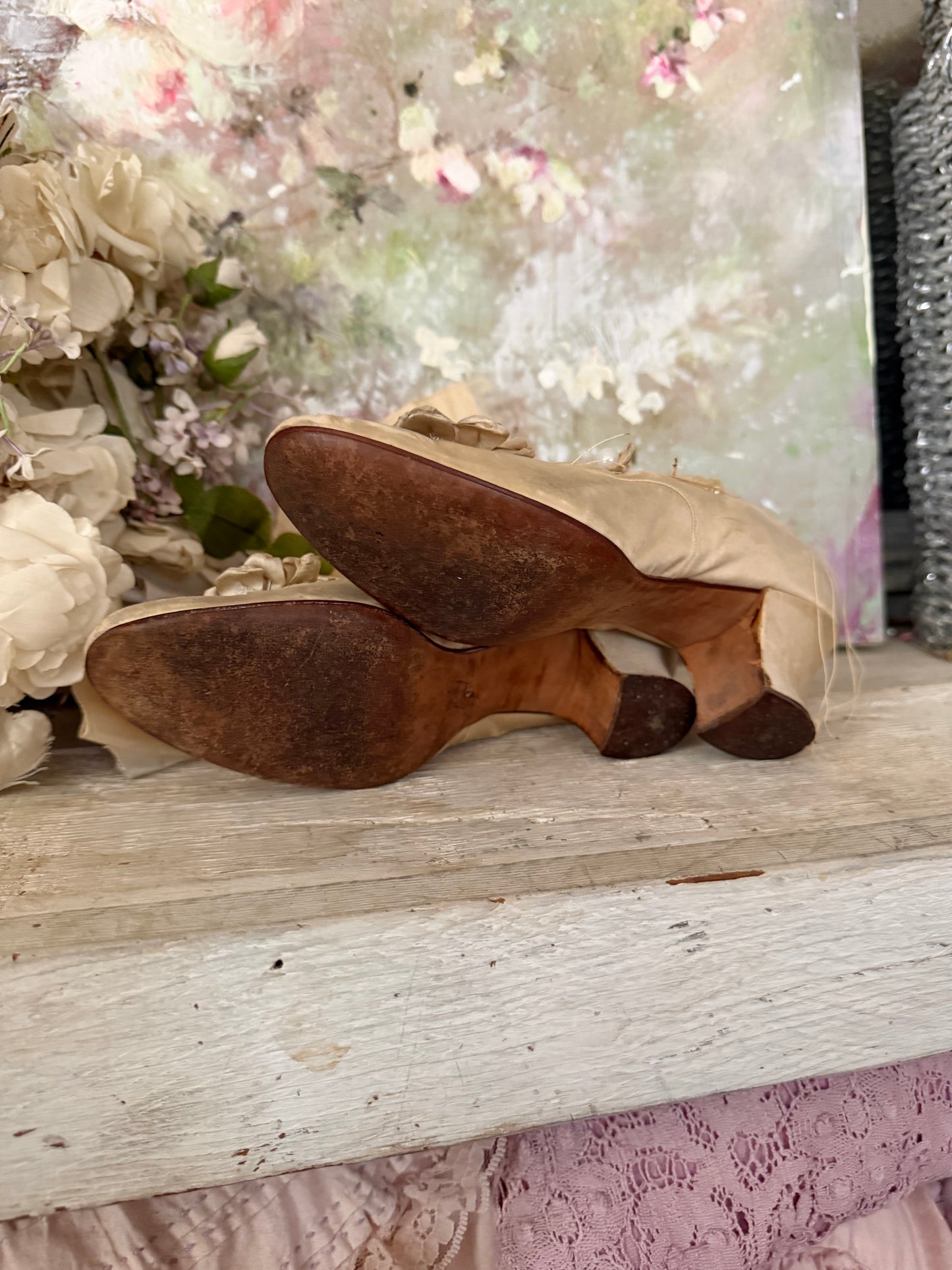 Antique Silk Shoes With Ribbonwork Rosettes