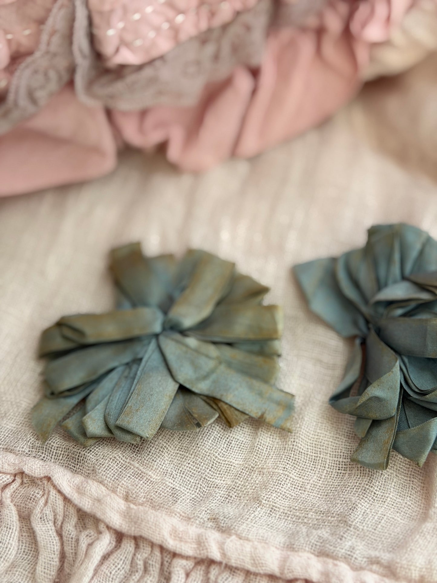 Pair Antique Dusty Blue Ribbonwork Bow Rosettes
