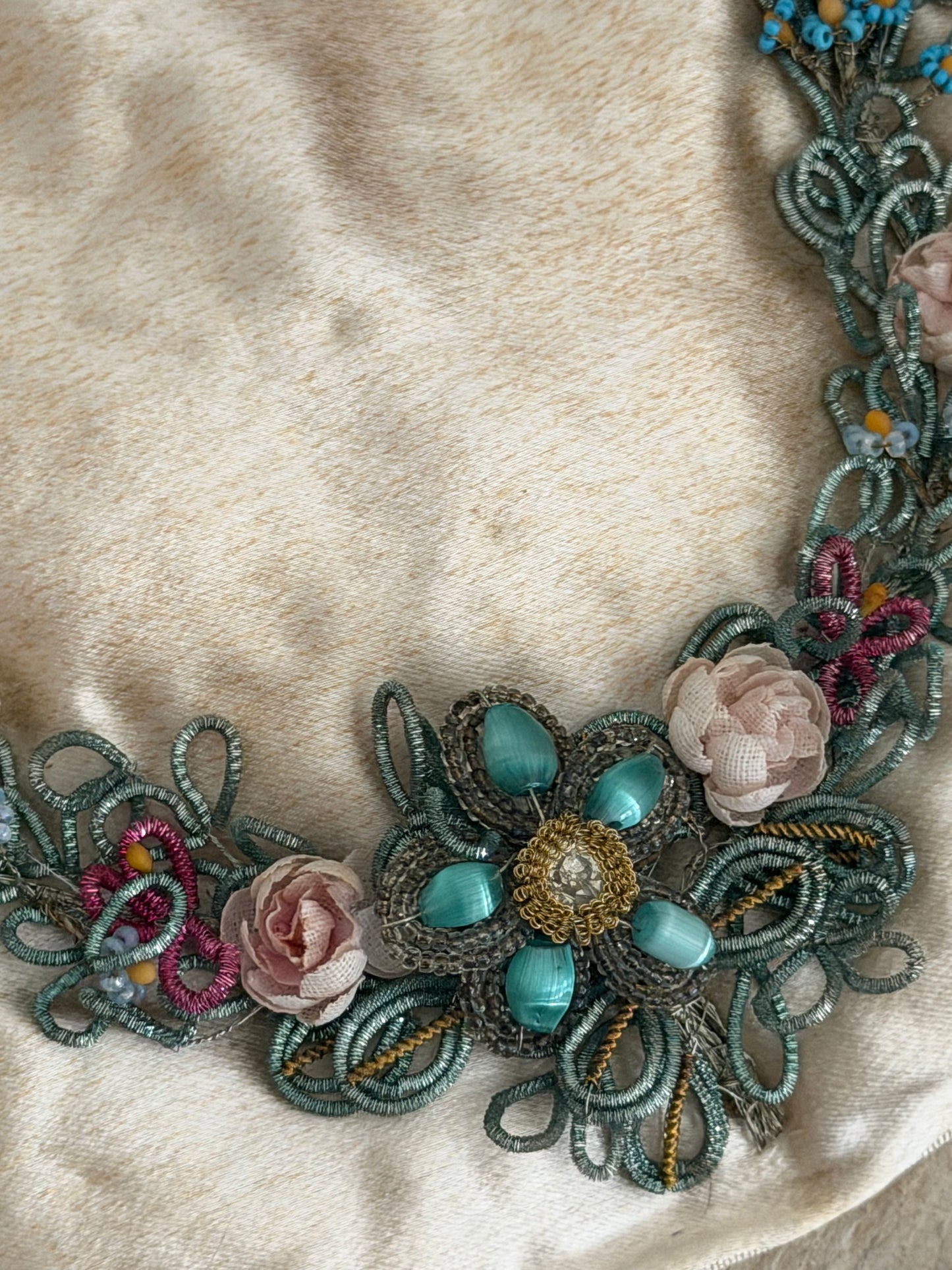 EXQUISITE Antique Metallic Wirework Millinery Wreath On Silk Cushion