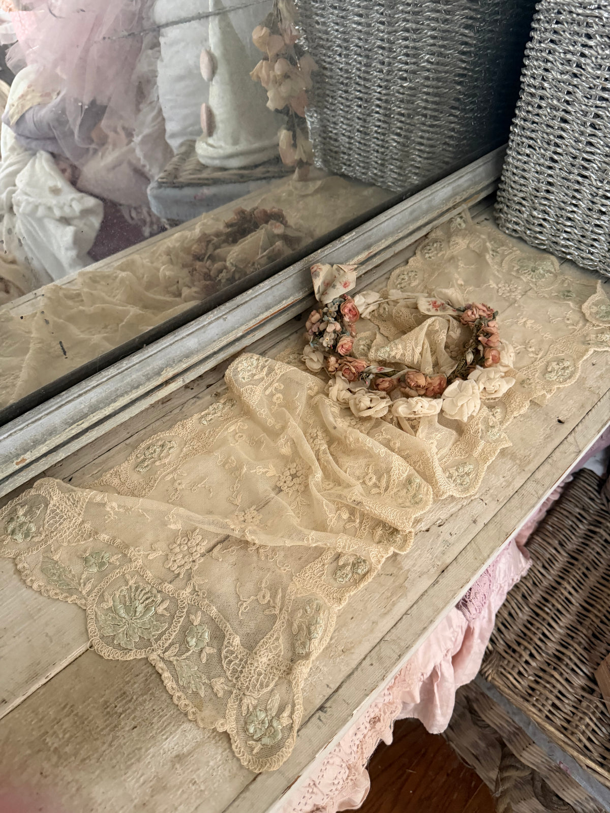Antique Romantic Ivory Blue Embroidered Lace Runner