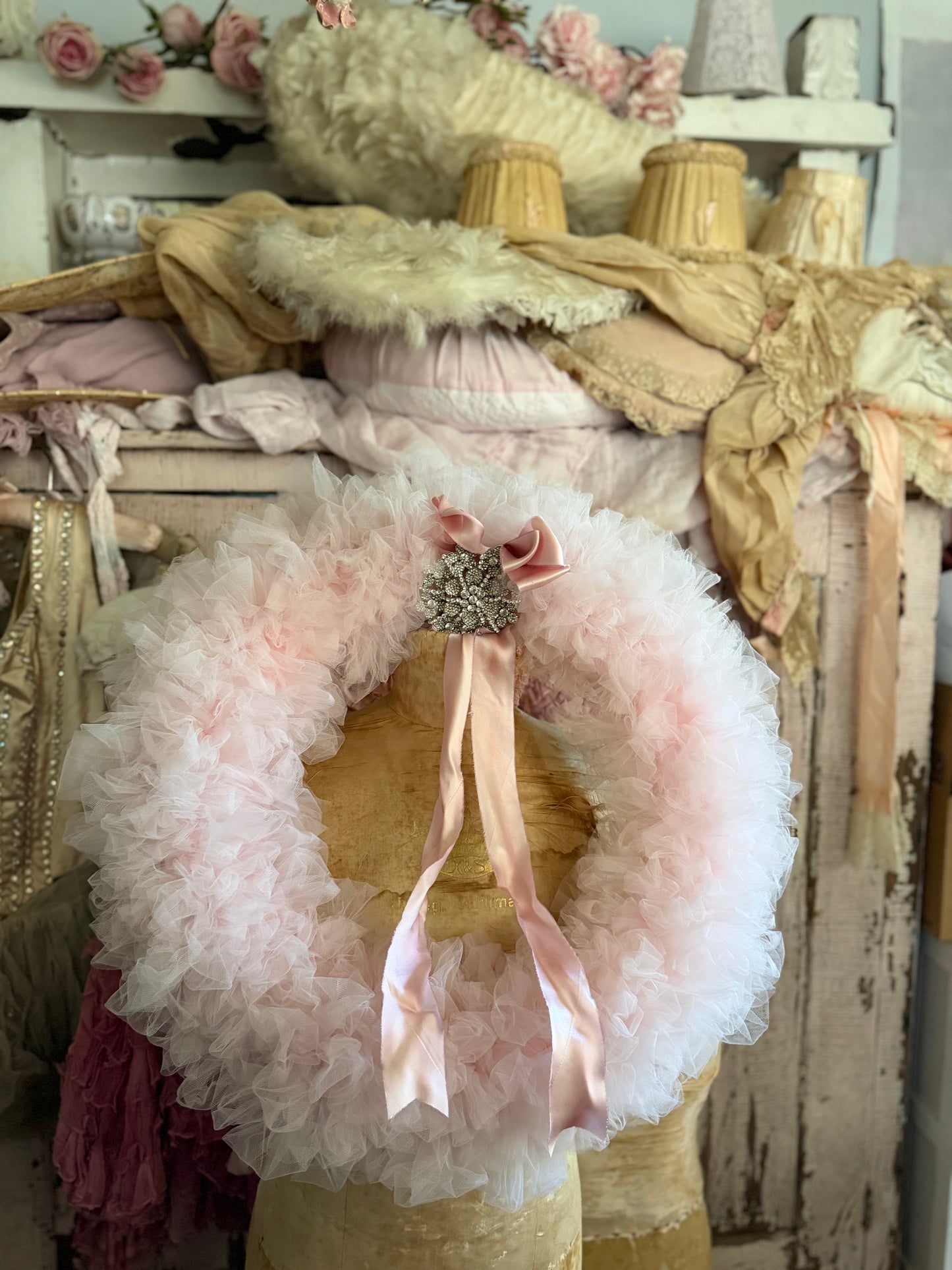Vintage Pink Tulle Lace Rhinestone Silk Ribbon Wreath
