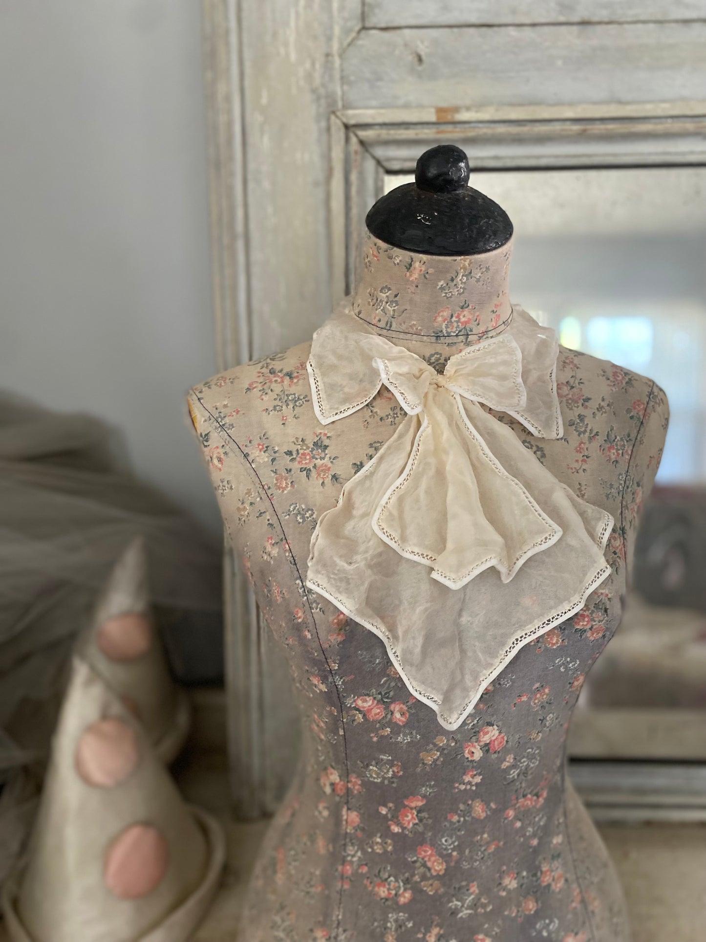 Antique Silk Lace Trim Ascot Collar Bow