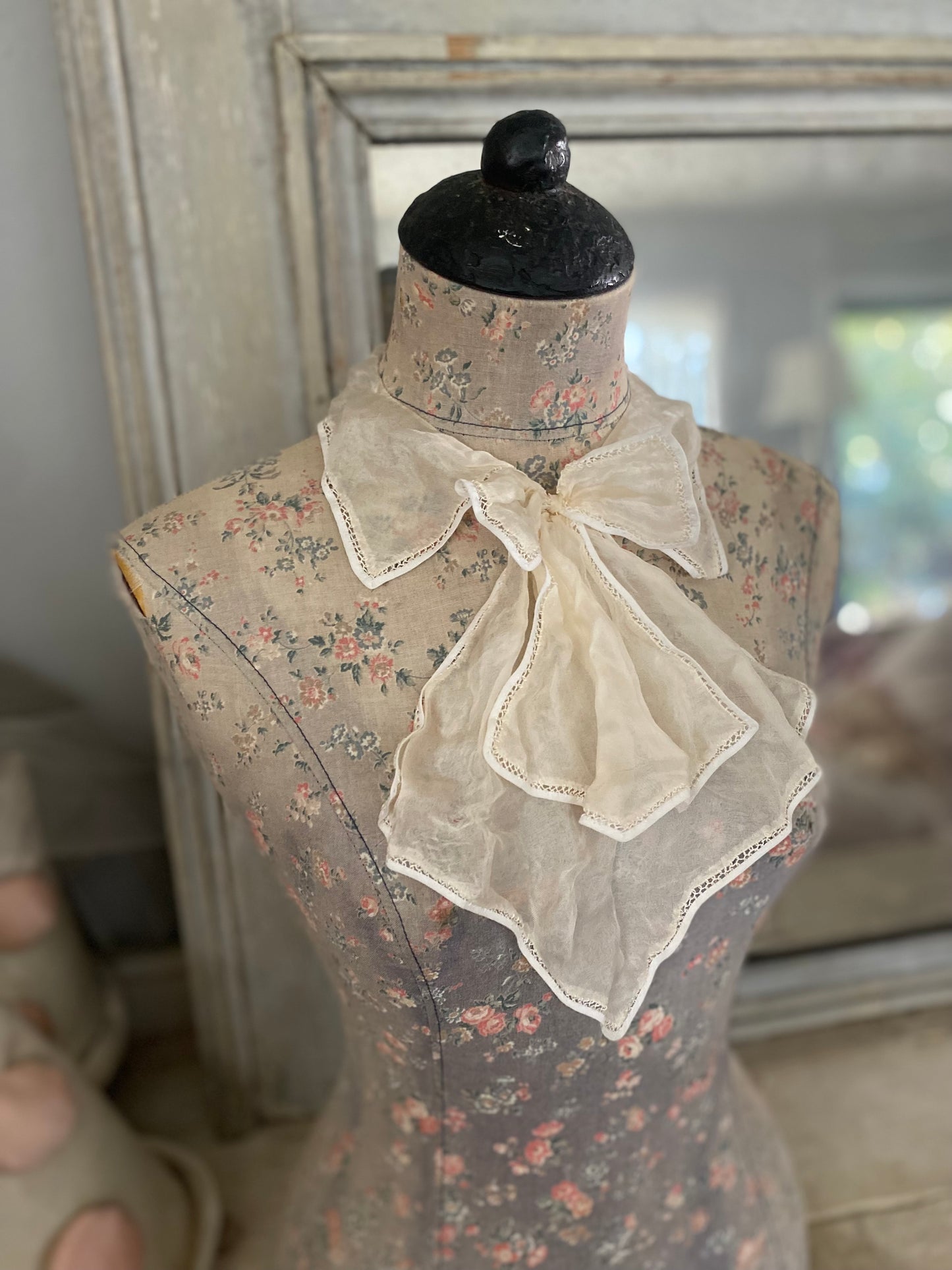 Antique Silk Lace Trim Ascot Collar Bow