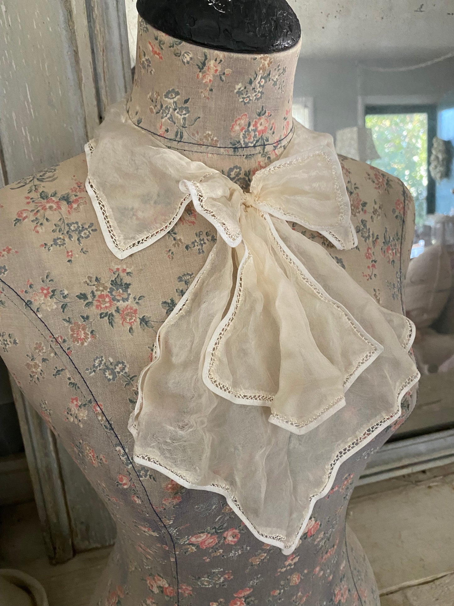 Antique Silk Lace Trim Ascot Collar Bow