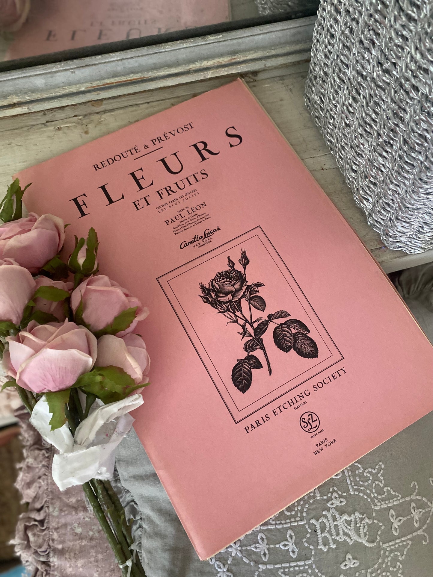 Antique French Pink Rose "Fleurs et Fruits" Portfolio of 12 Etchings