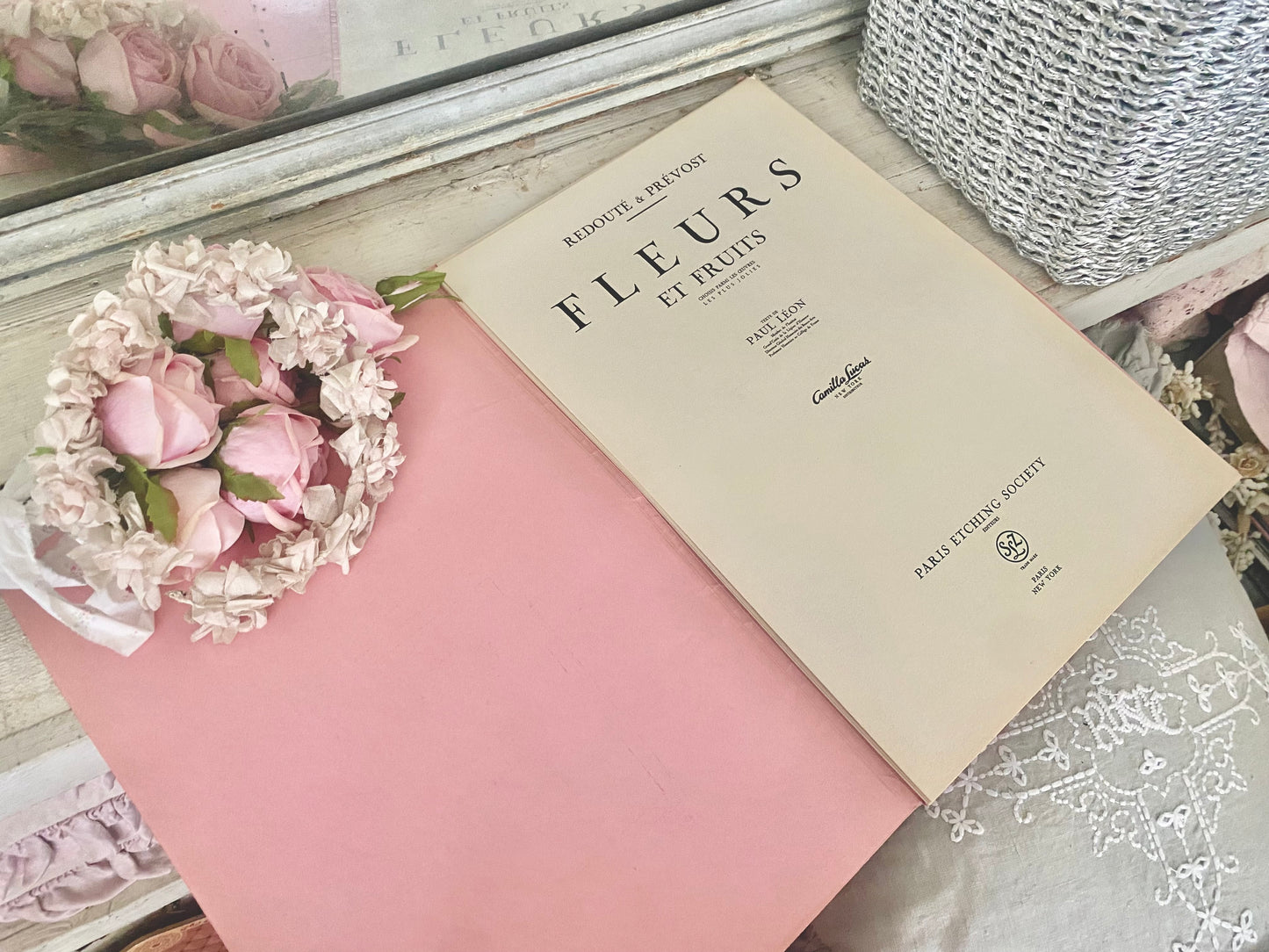Antique French Pink Rose "Fleurs et Fruits" Portfolio of 12 Etchings