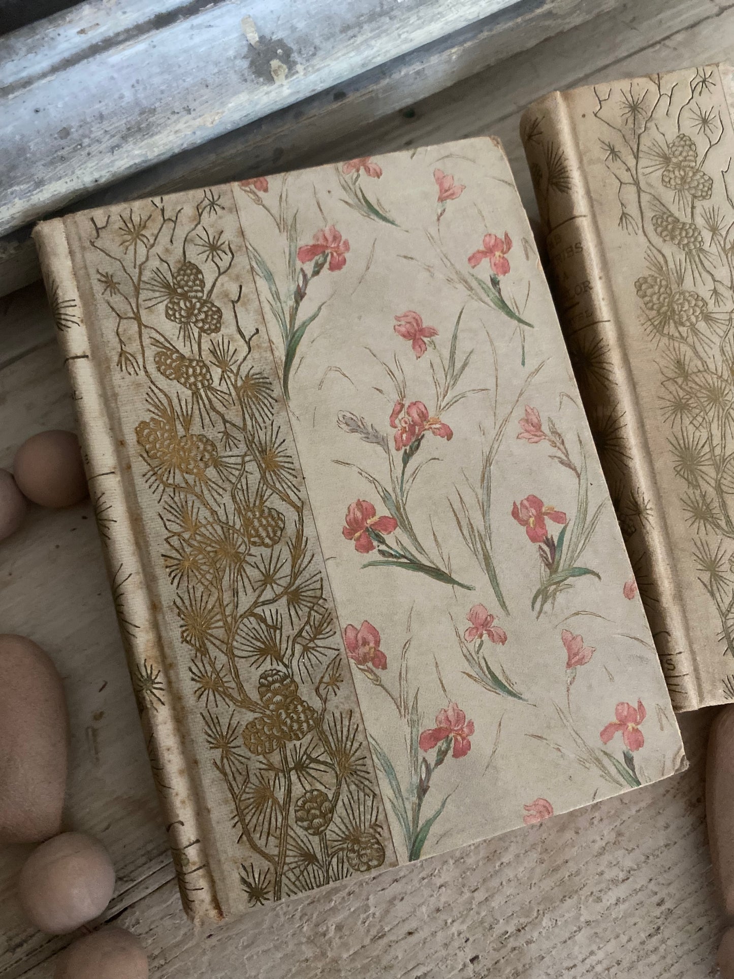 Pair Antique Decorative Books Gilt Blue Pink Flowers