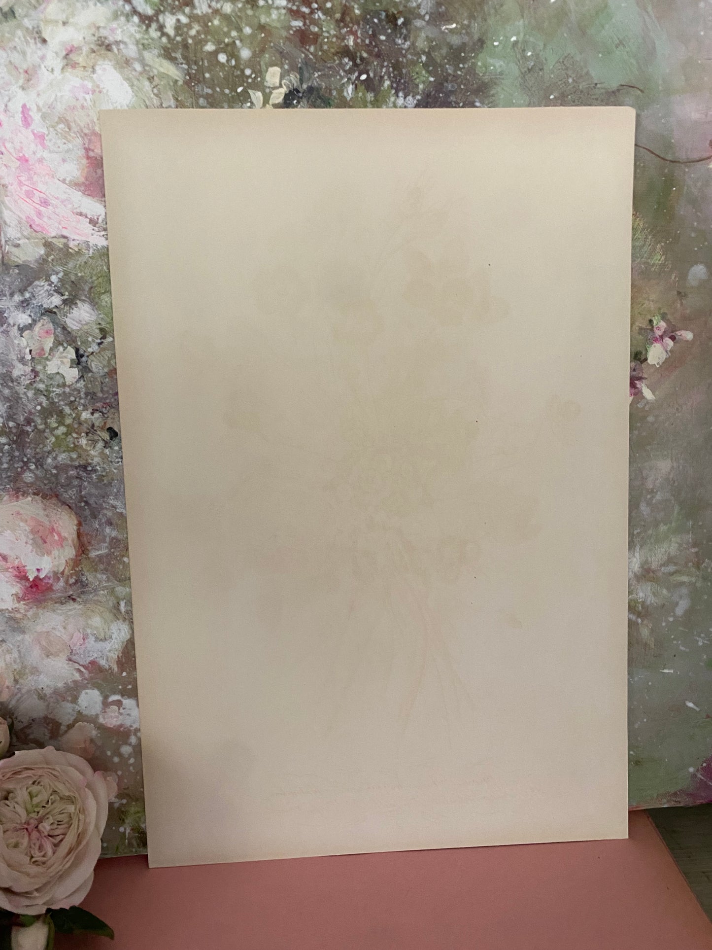 Antique French Pink Rose Bouquet Etching Fleurs No.7