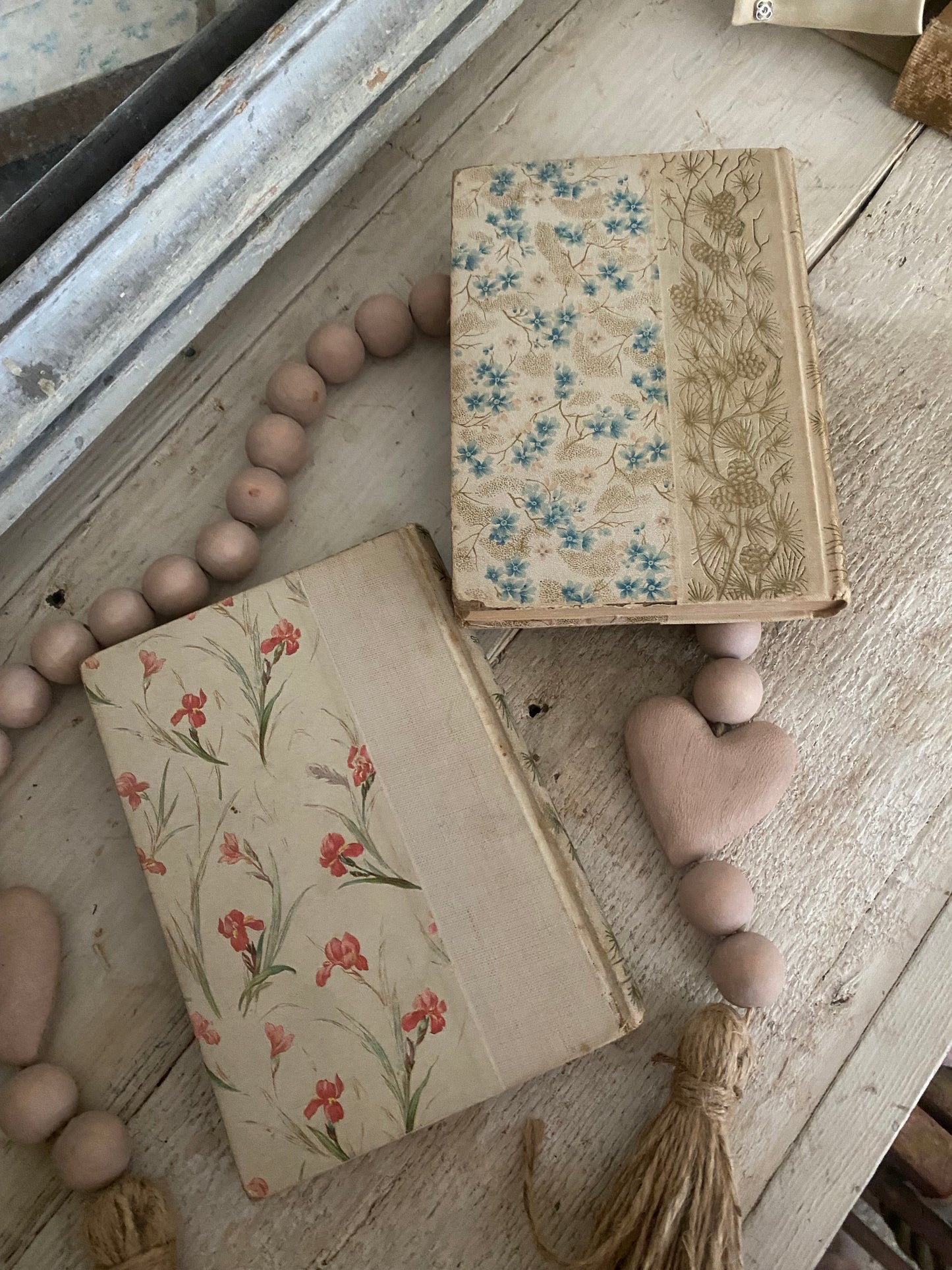 Pair Antique Decorative Books Gilt Blue Pink Flowers