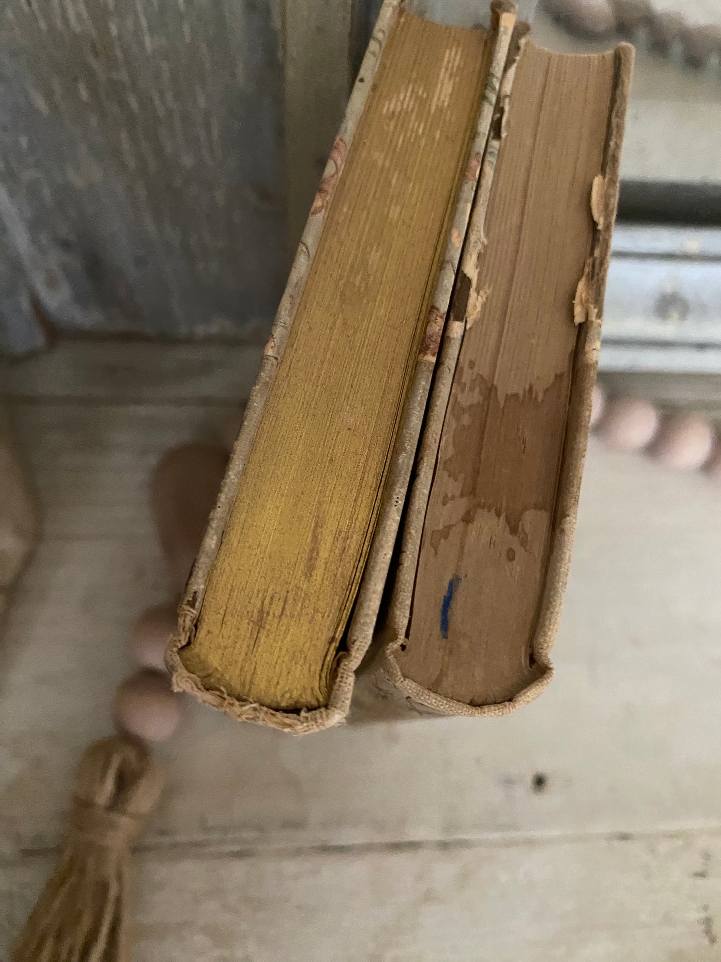 Pair Antique Decorative Books Gilt Blue Pink Flowers