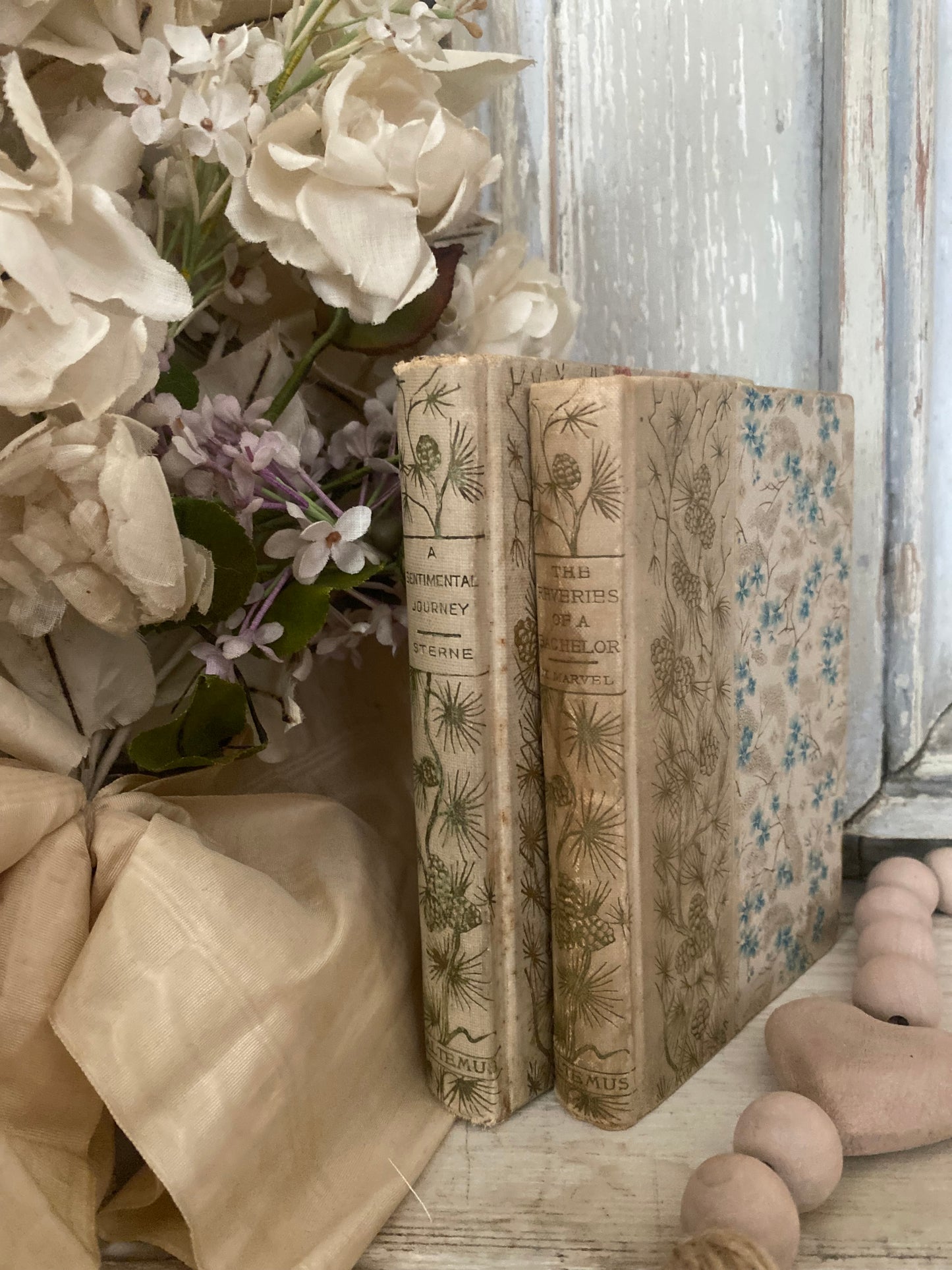 Pair Antique Decorative Books Gilt Blue Pink Flowers