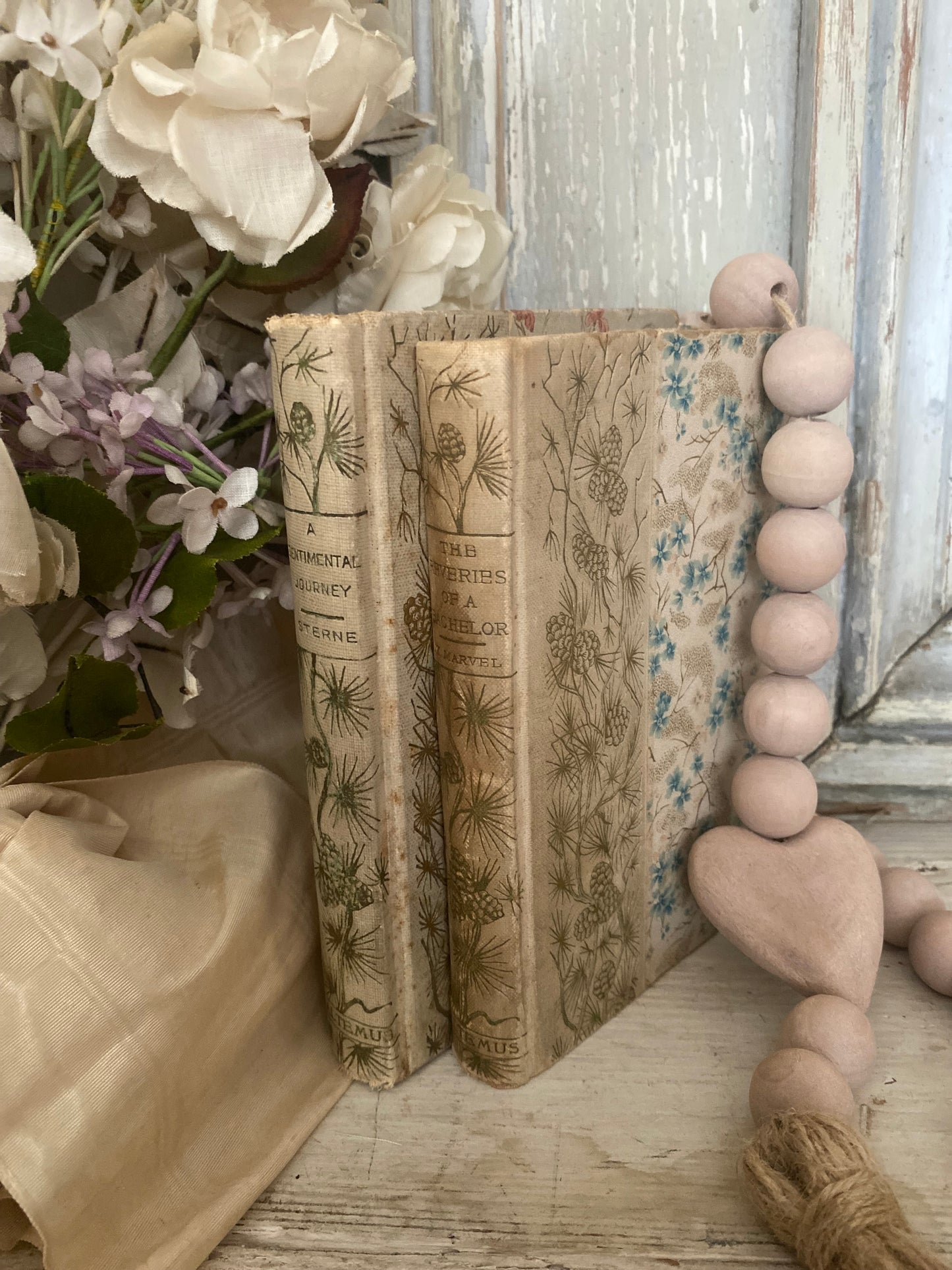 Pair Antique Decorative Books Gilt Blue Pink Flowers