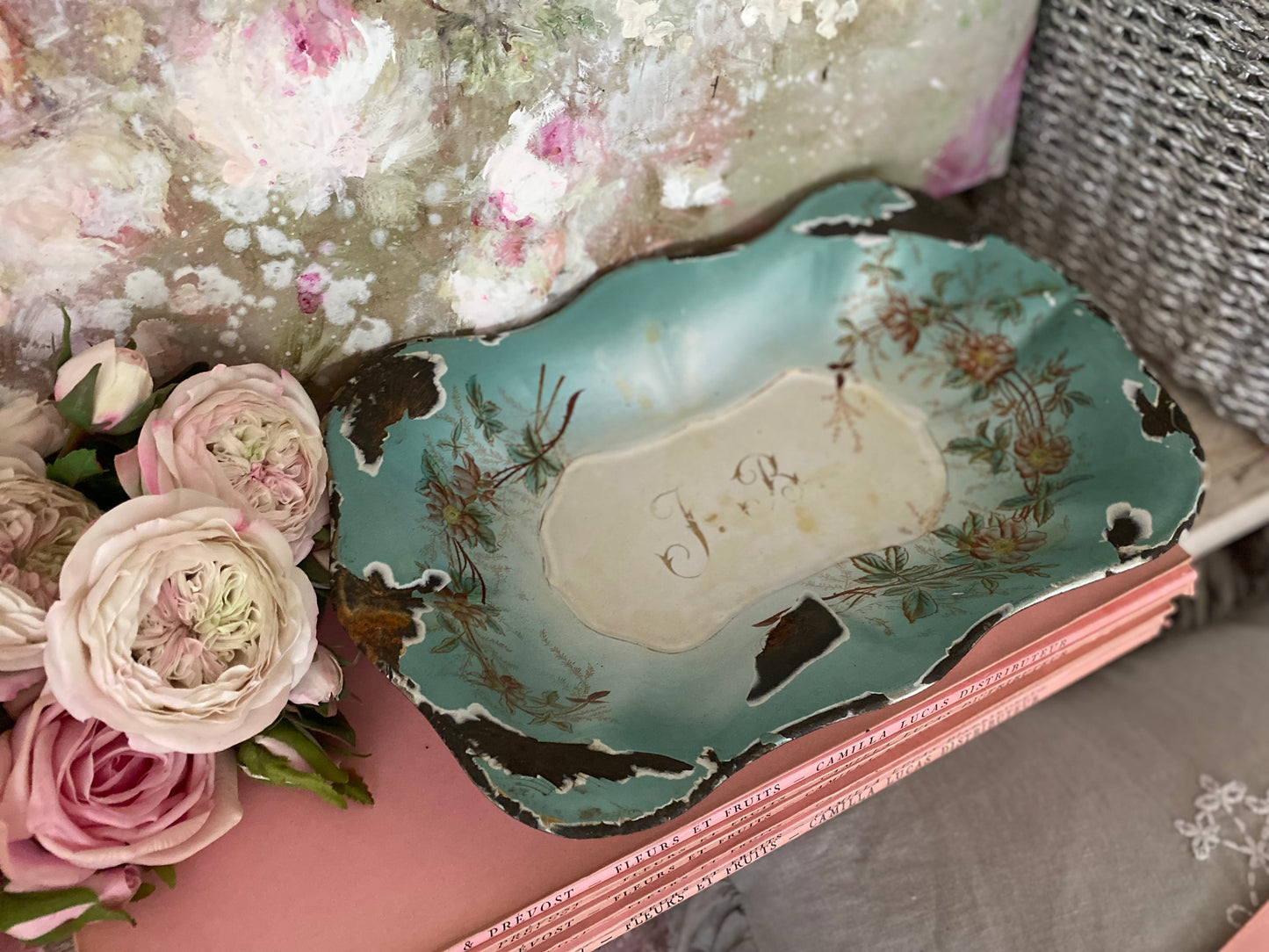 RARE Antique XL French Enamel Painted Dish