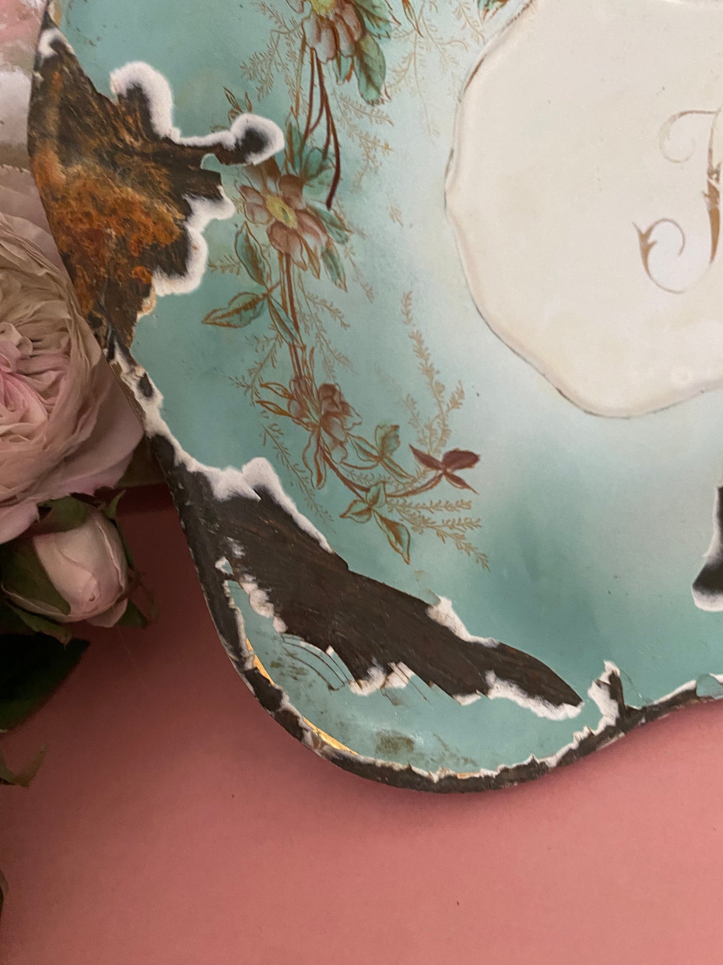 RARE Antique XL French Enamel Painted Dish