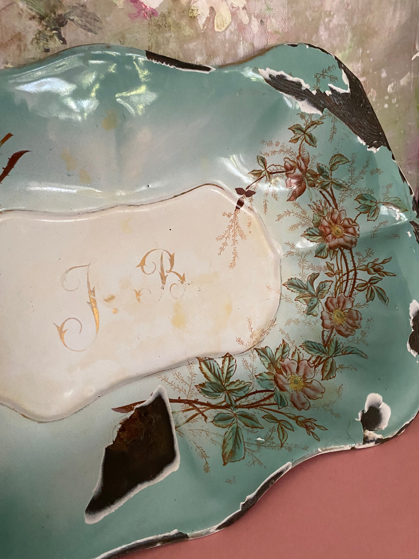RARE Antique XL French Enamel Painted Dish