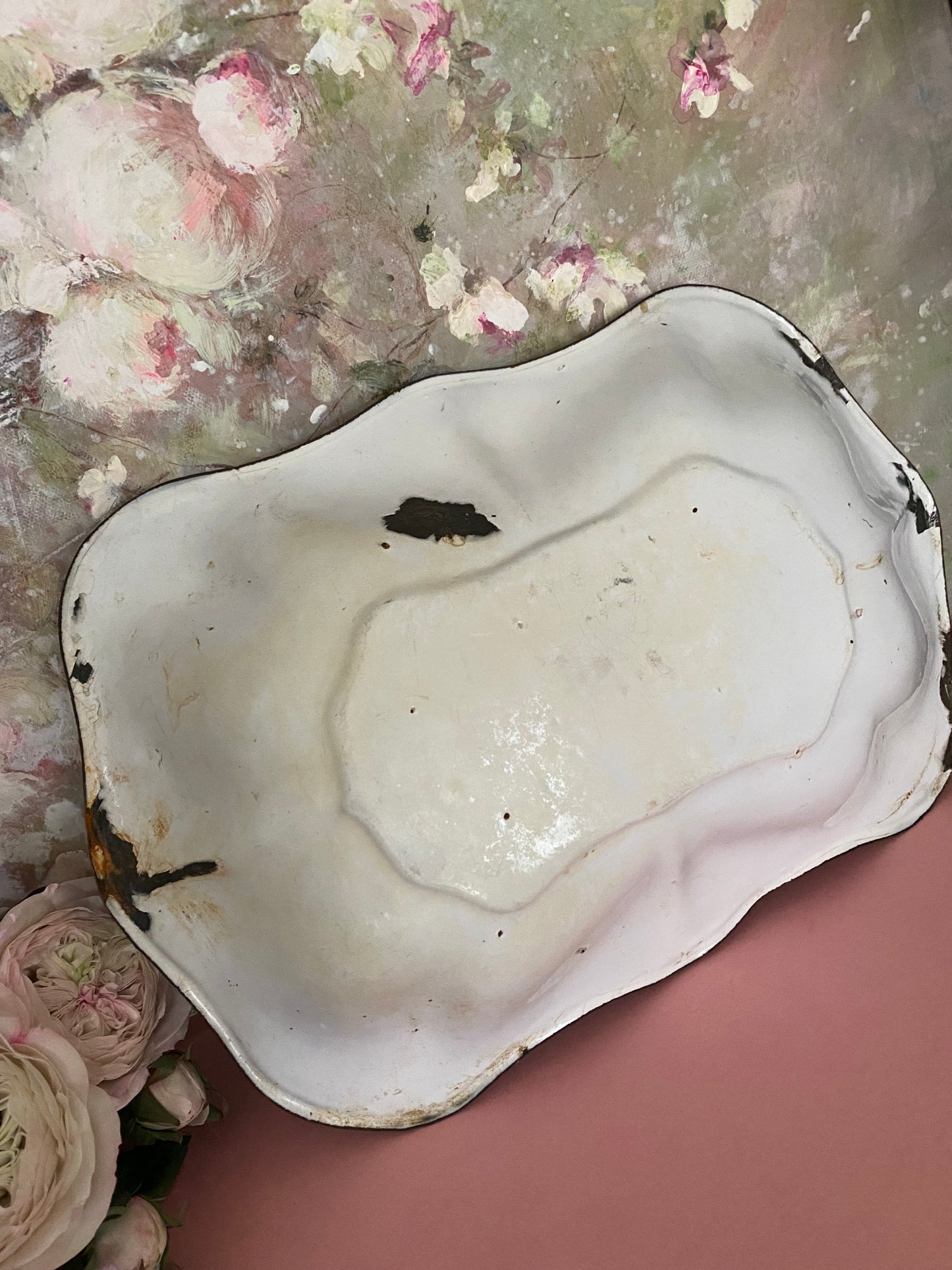RARE Antique XL French Enamel Painted Dish