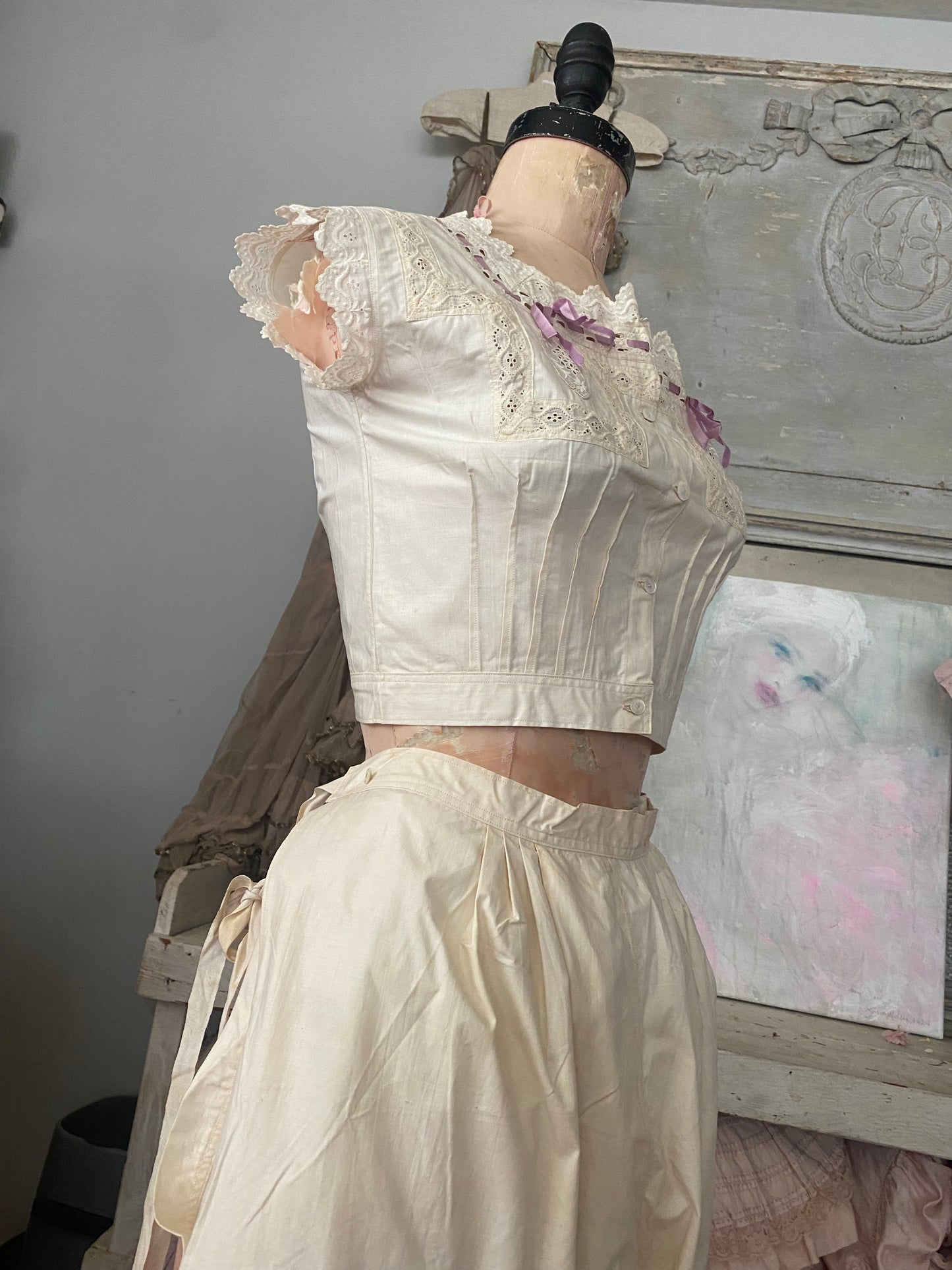 Antique Undergarments Set Corset Cover Camisole Pantaloons Lace Lavender Ribbon