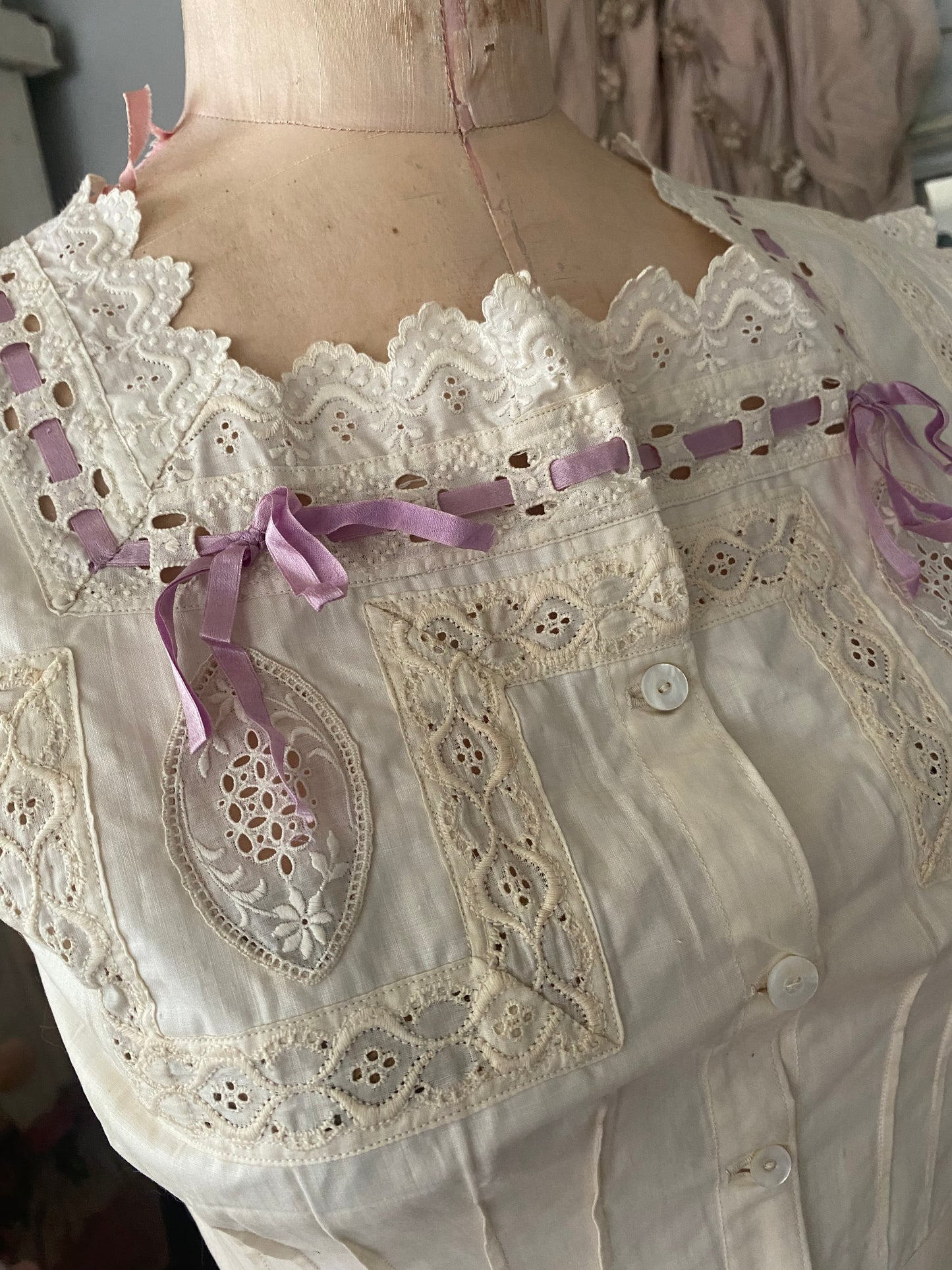Antique Undergarments Set Corset Cover Camisole Pantaloons Lace Lavender Ribbon
