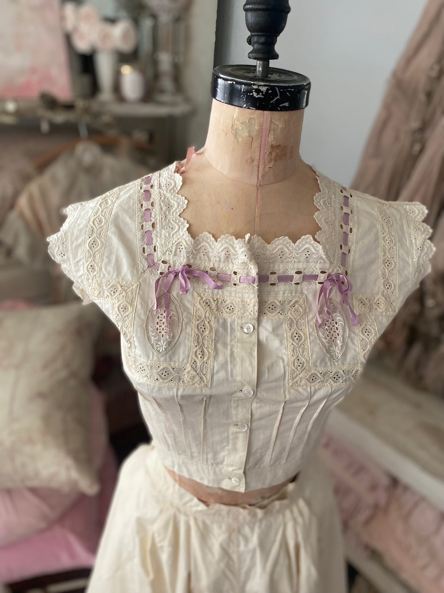 Antique Undergarments Set Corset Cover Camisole Pantaloons Lace Lavender Ribbon