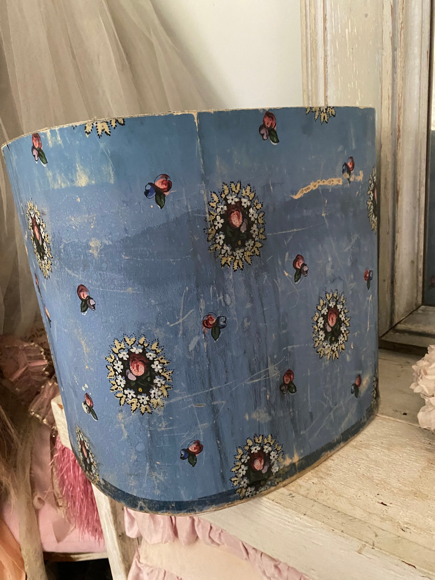 Antique Hat Box Faded Blue Hand Painted Wallpaper