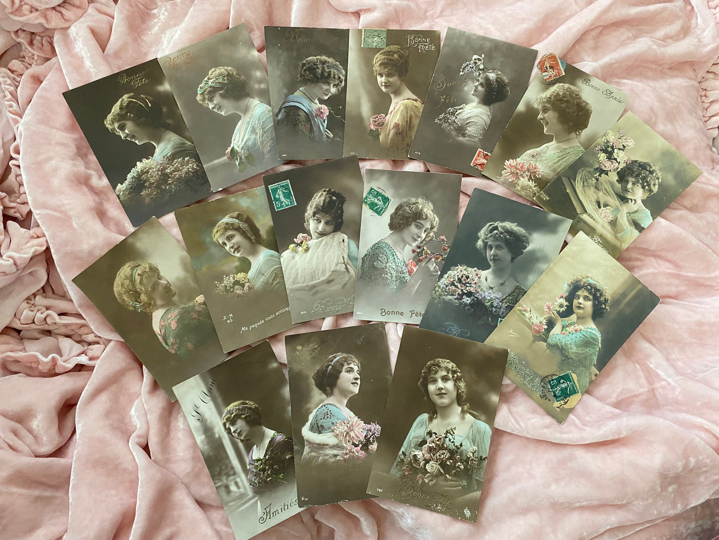 Antique Collection 16 French Postcards Beautiful Women Lace Dress Millinery