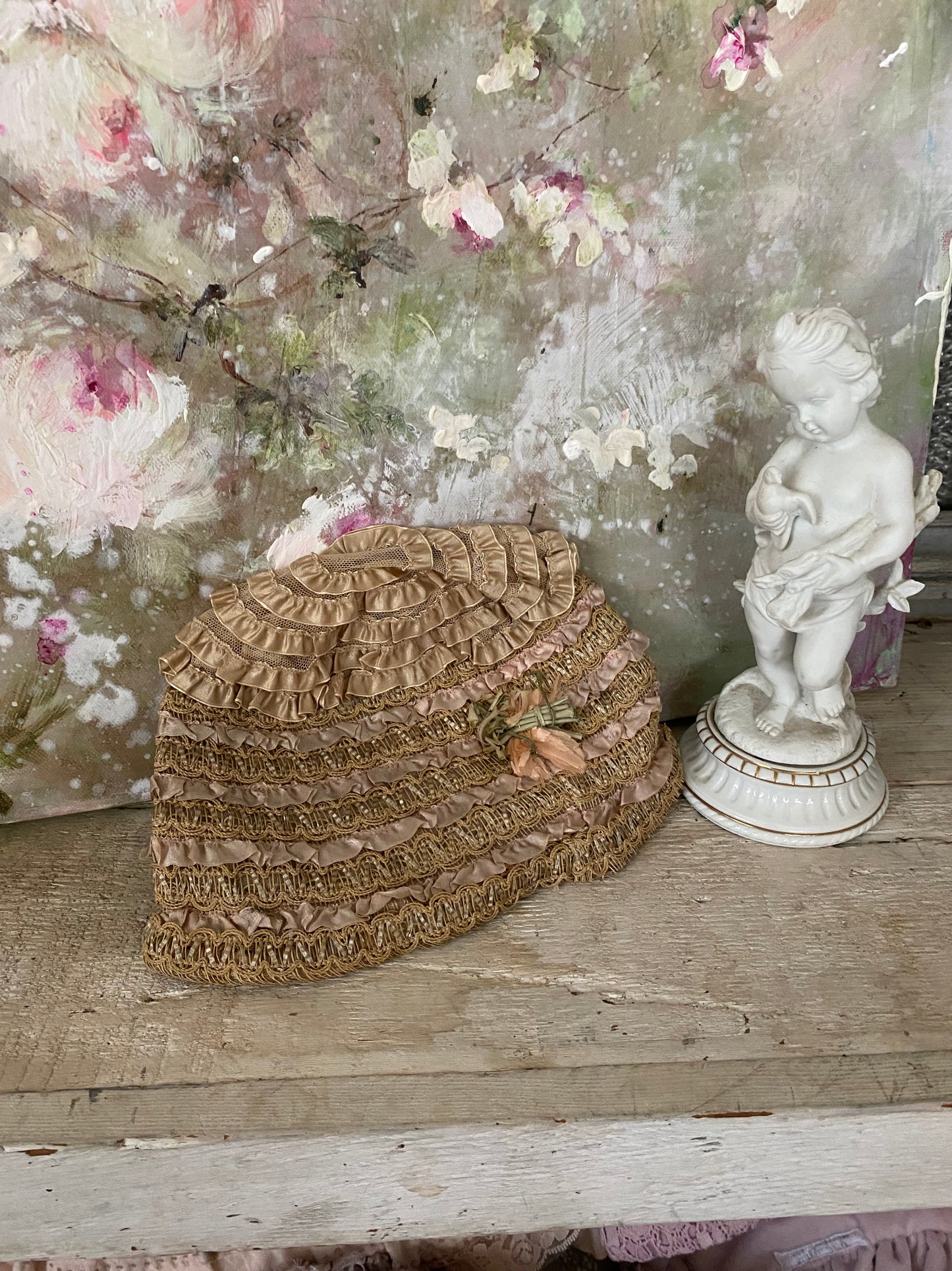 Antique 1920s Hat Cloche Lace Pink Ribbon