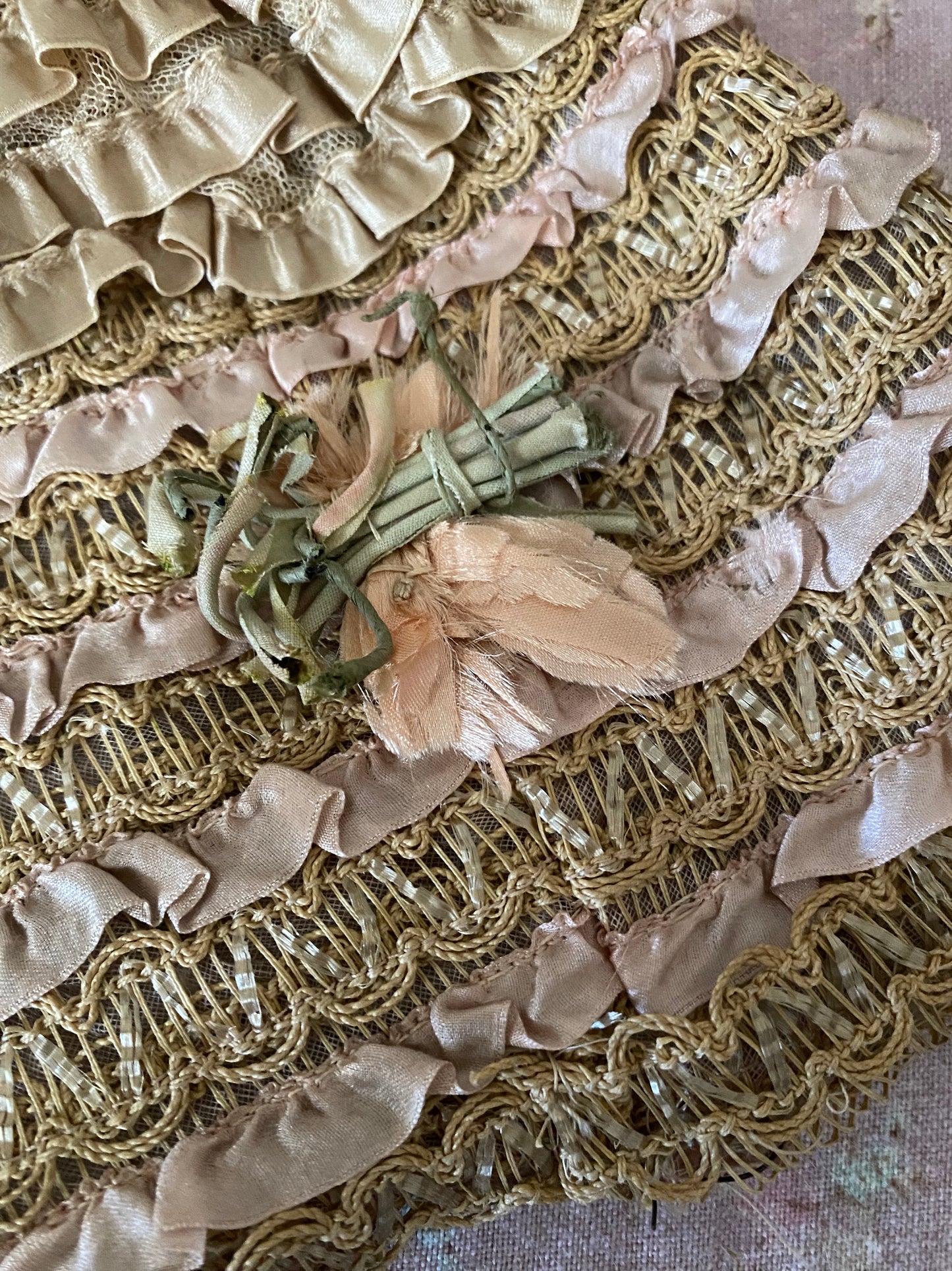 Antique 1920s Hat Cloche Lace Pink Ribbon