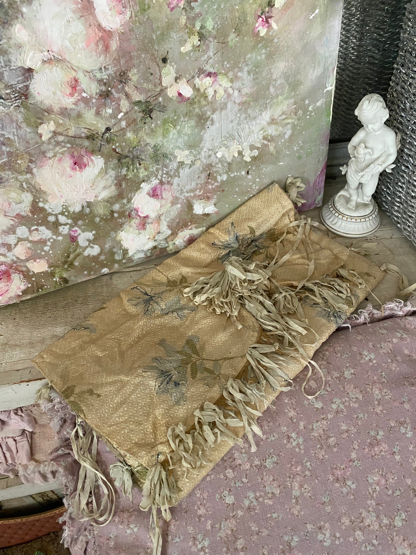 Antique Silk Blue Floral Ribbonwork Lingerie Holder