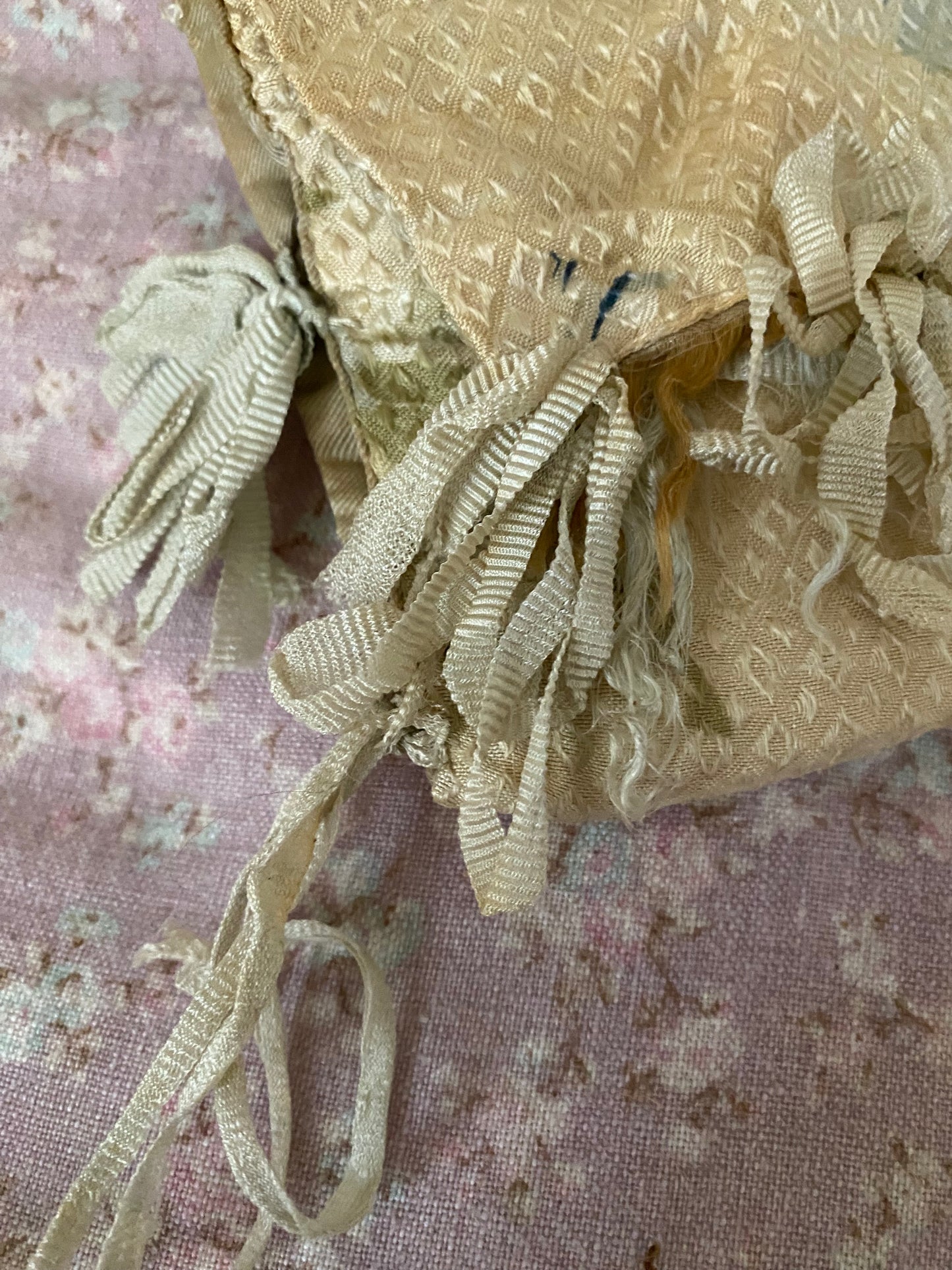 Antique Silk Blue Floral Ribbonwork Lingerie Holder