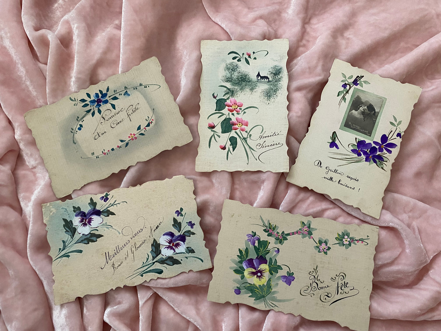 Antique Collection 5 French Postcards Textured Hand Painted